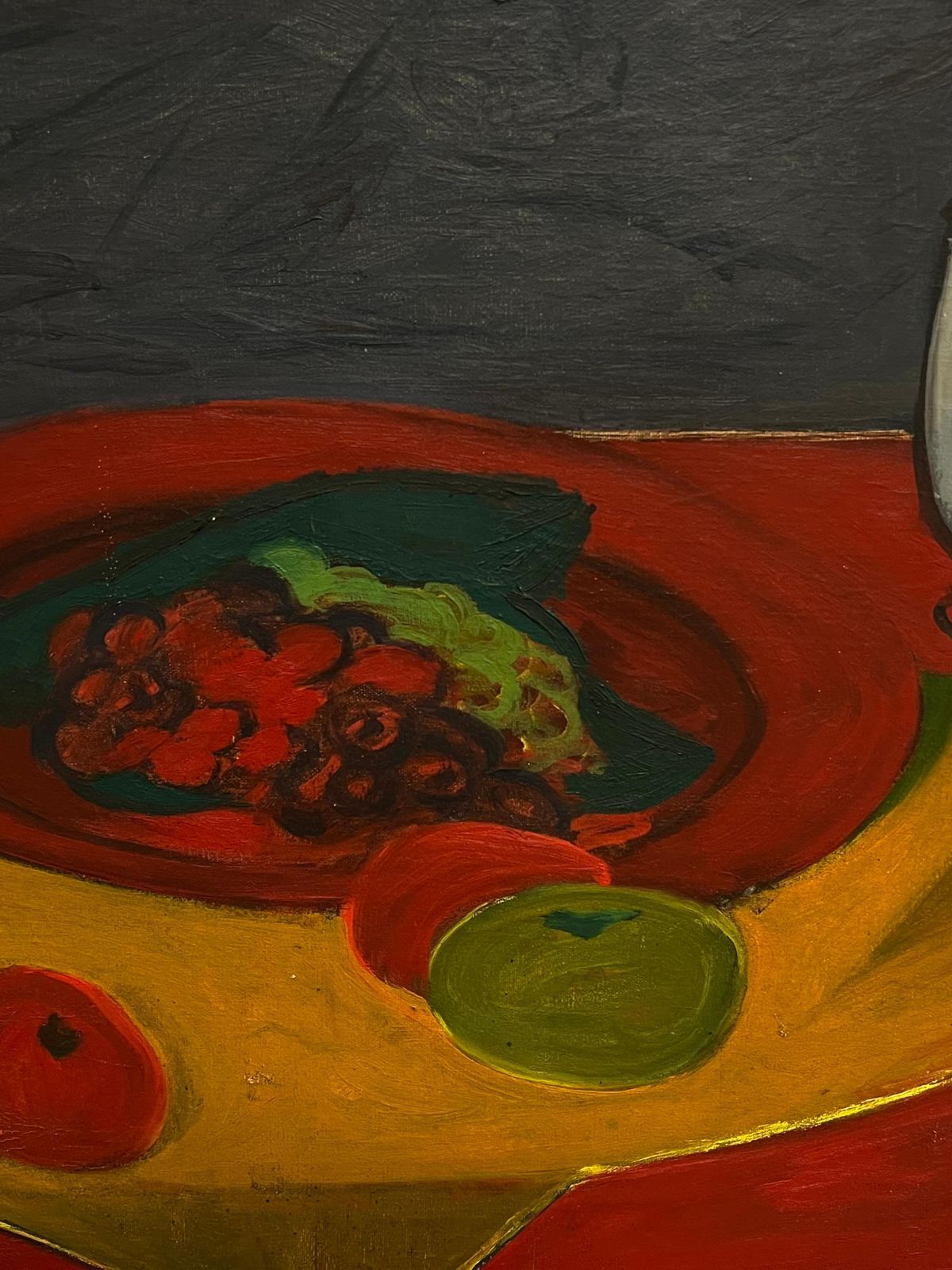 French School1970's French Bold Still Life Modernist Oil Painting Of Fruit And Red Drapery photo Art