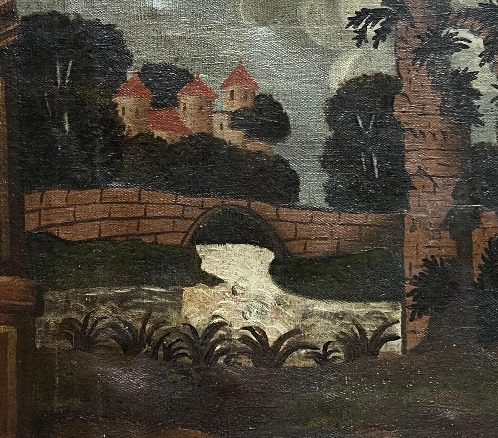 French Schoolhuge 18th Century French Oil Painting Dogs Fighting Medieval Castle Wooden Frame photo 3460.0