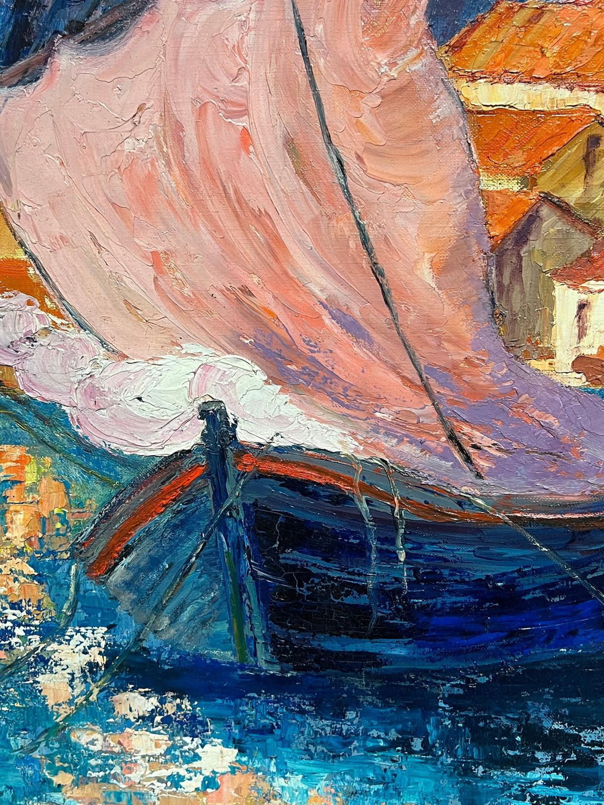 J.Bredechevibrant French Harbor Scene Impressionist Oil Painting Sailboat Coastal Village1970's photo vintage
