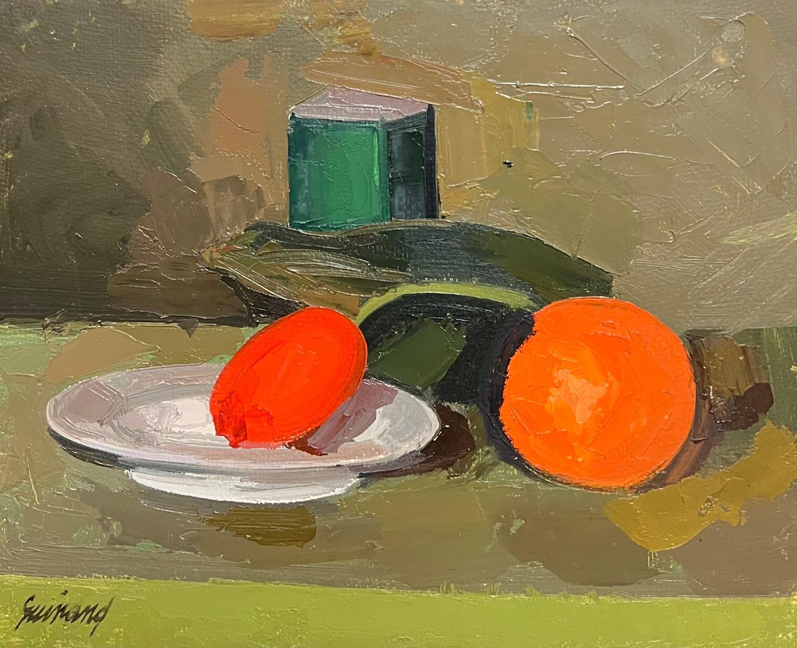 René Guinand (1892 1983)large French Modernist Oil Painting Vibrant Still Life Red Green Orange1967
