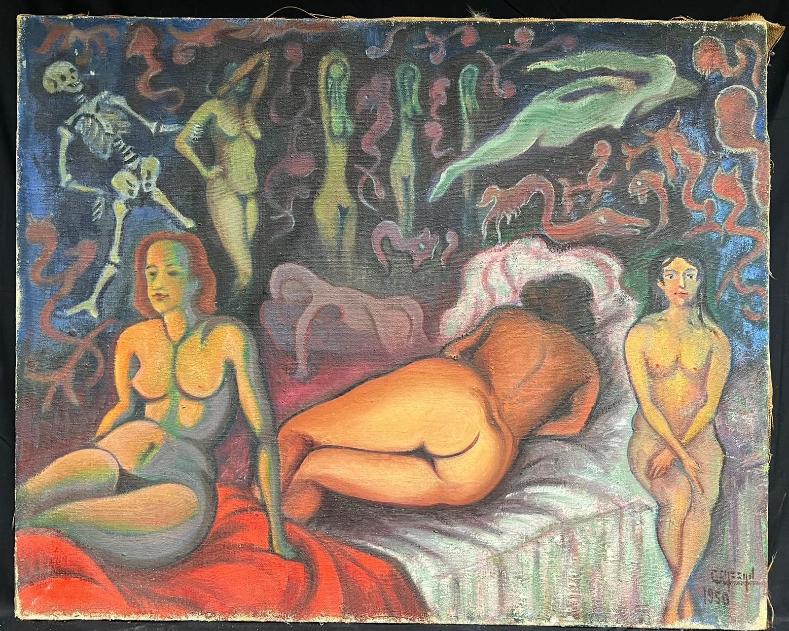French School1950's French Surrealist Signed Huge Oil Painting Nudes Dreamscape With Skeleton1958 photo furniture