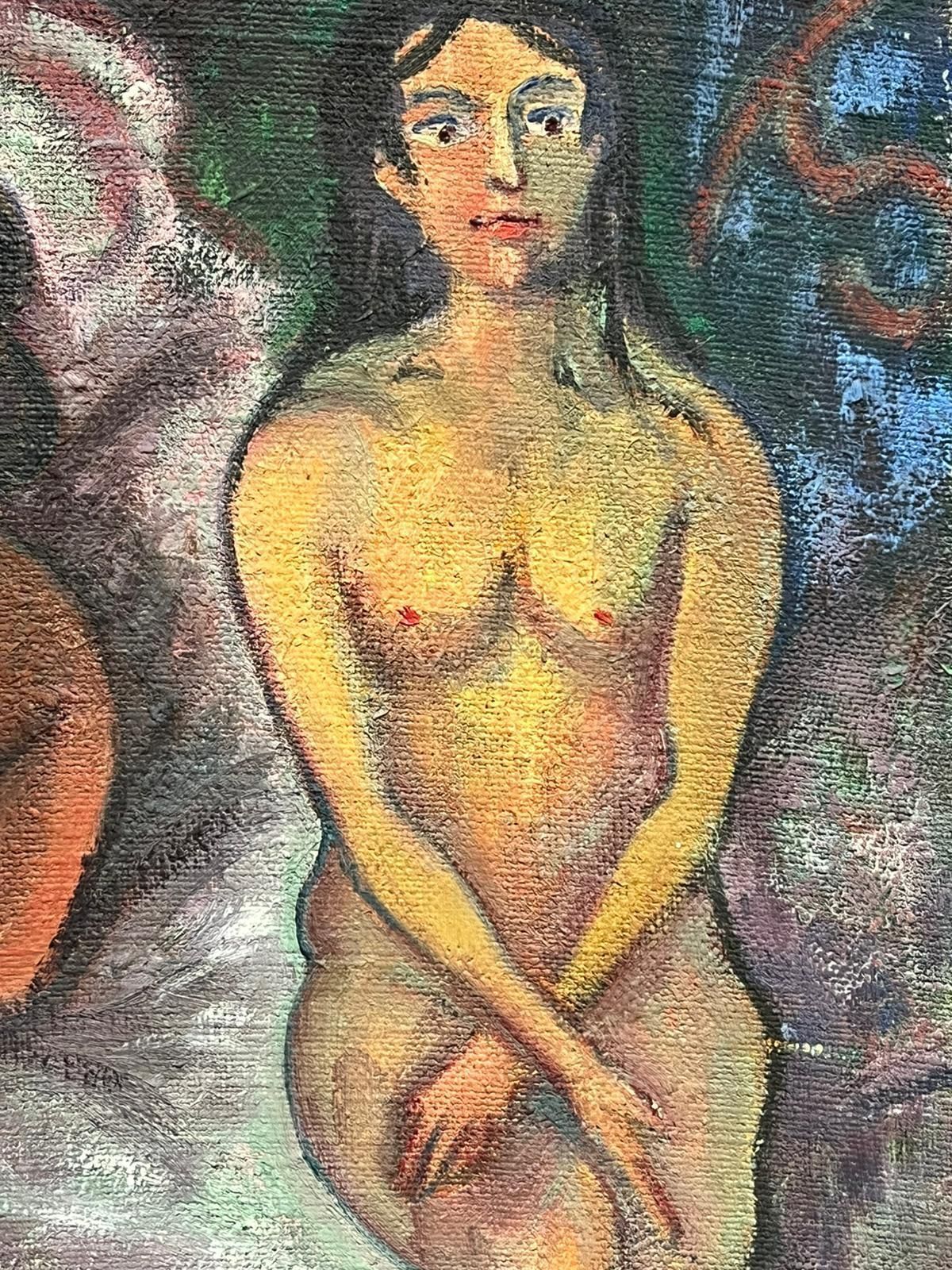 French School1950's French Surrealist Signed Huge Oil Painting Nudes Dreamscape With Skeleton1958 photo for sale