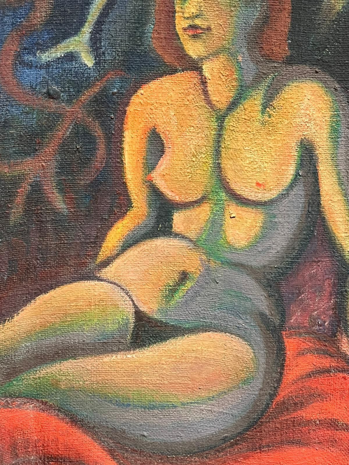 French School1950's French Surrealist Signed Huge Oil Painting Nudes Dreamscape With Skeleton1958 photo 794.0