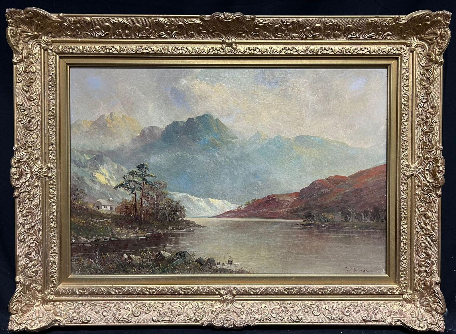 F. E. Jamiesontranquil Highland Reflection Oil Painting Mountain Loch With Cottage Perthshire1920's