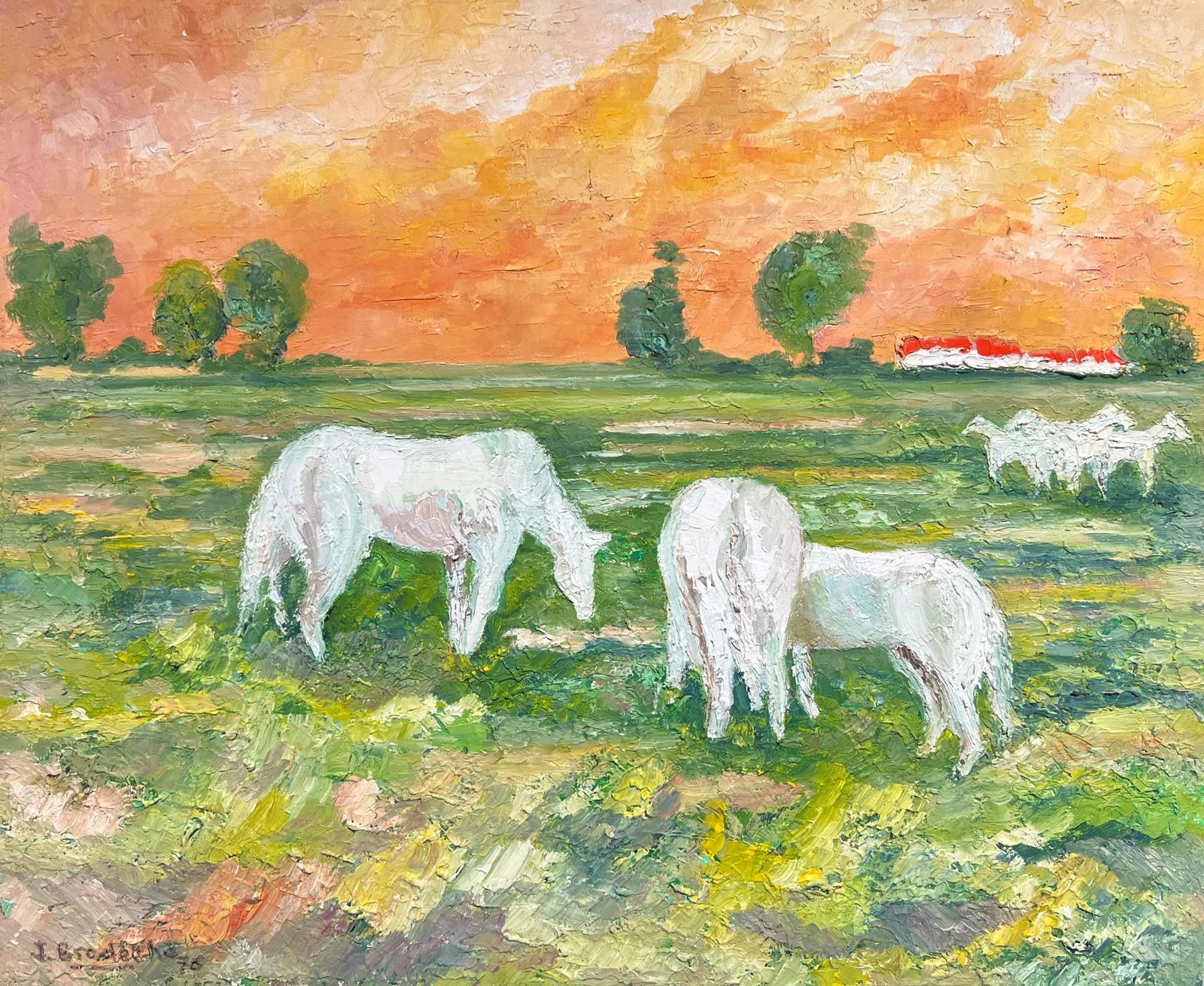 J.Bredechewhite Horses Grazing At Sunset Vibrant French Post Impressionist Oil Painting1970's