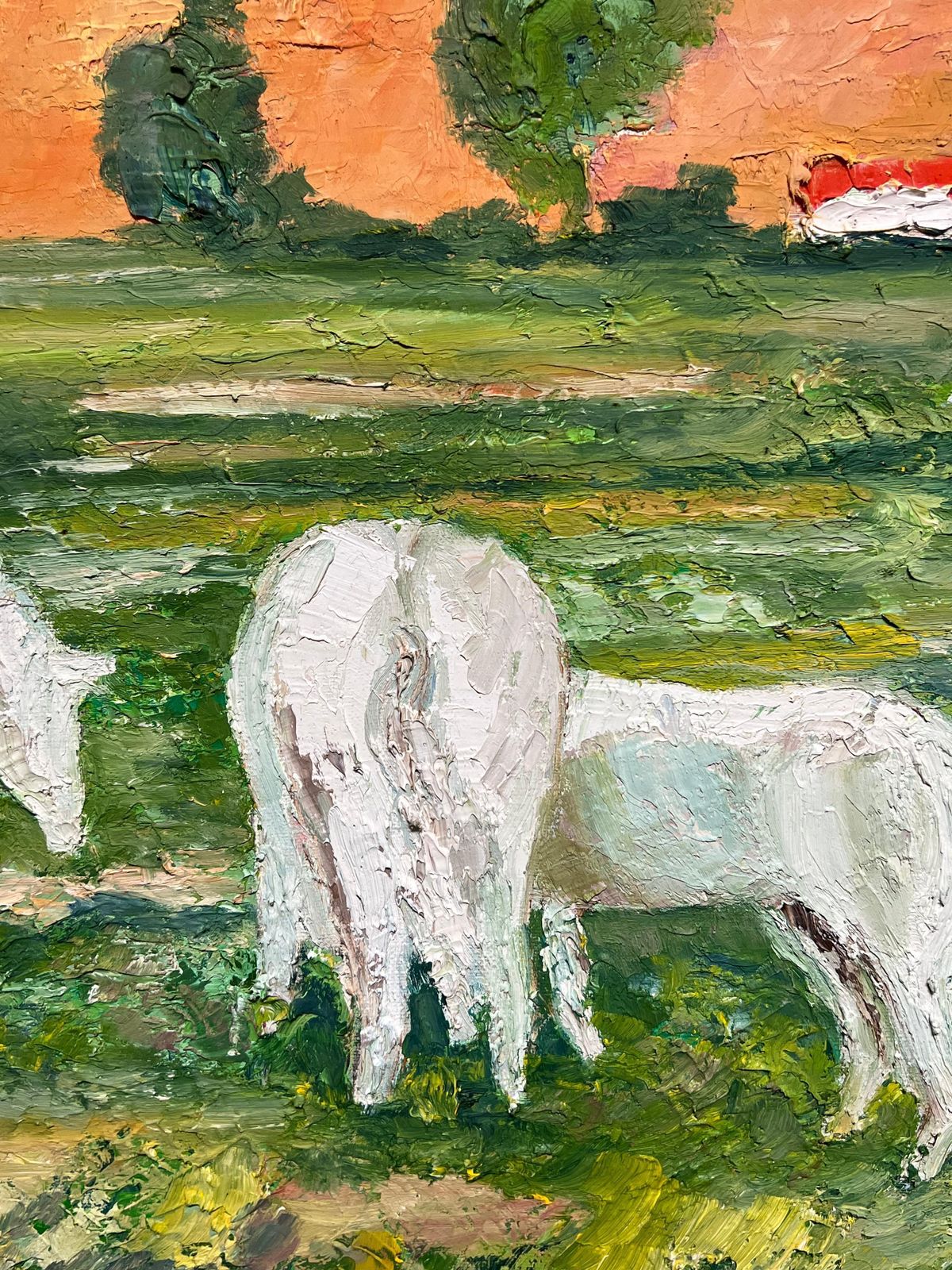 J.Bredechewhite Horses Grazing At Sunset Vibrant French Post Impressionist Oil Painting1970's photo Art