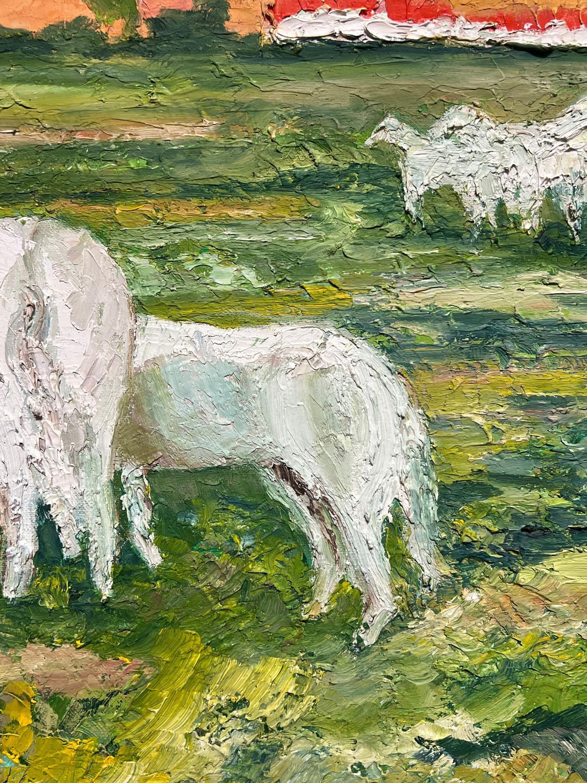 J.Bredechewhite Horses Grazing At Sunset Vibrant French Post Impressionist Oil Painting1970's photo 865.0