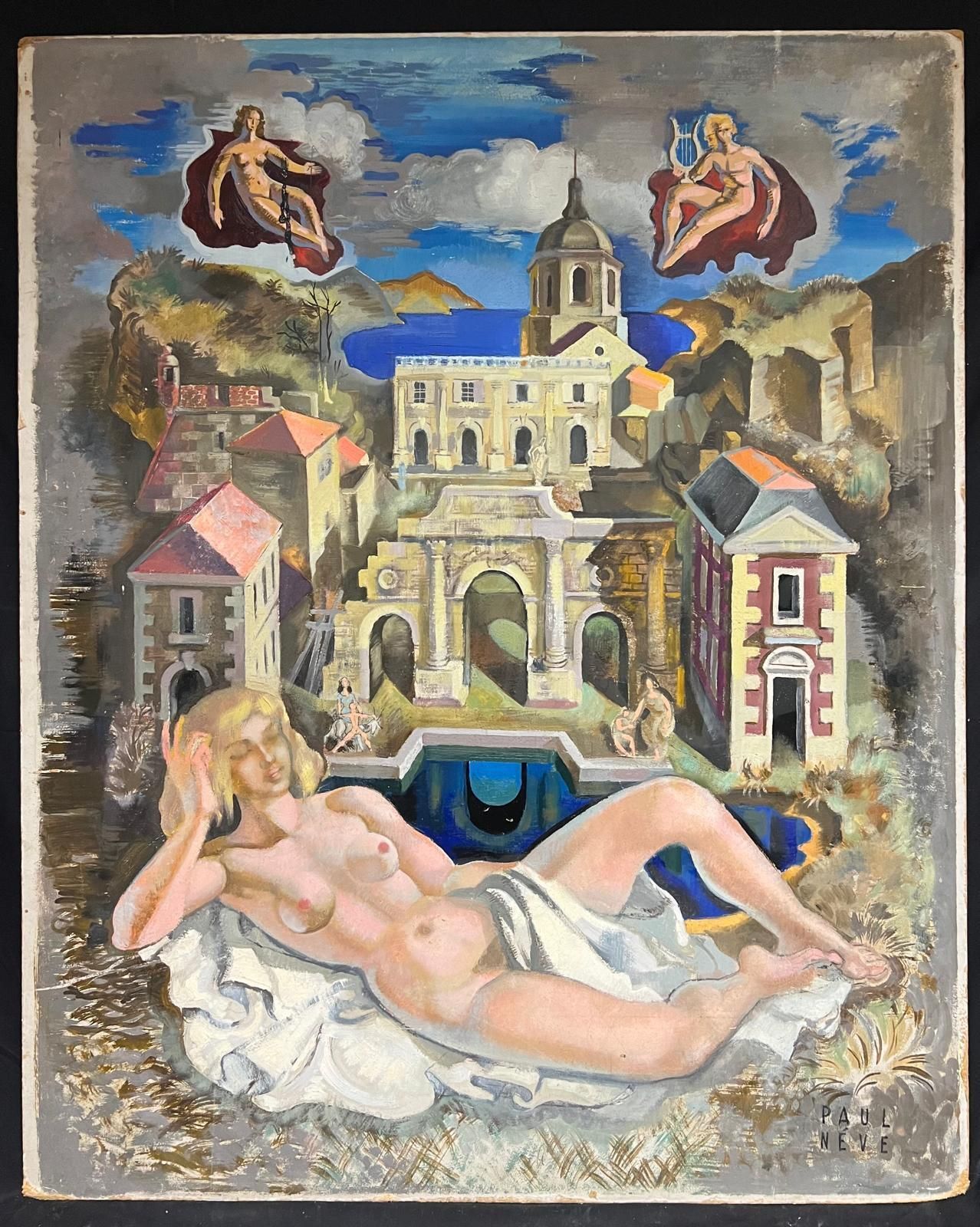 French Schoolhuge 1950's French Nude Venus In Classical Architectural Dreamscape Mythical1950's photo furniture