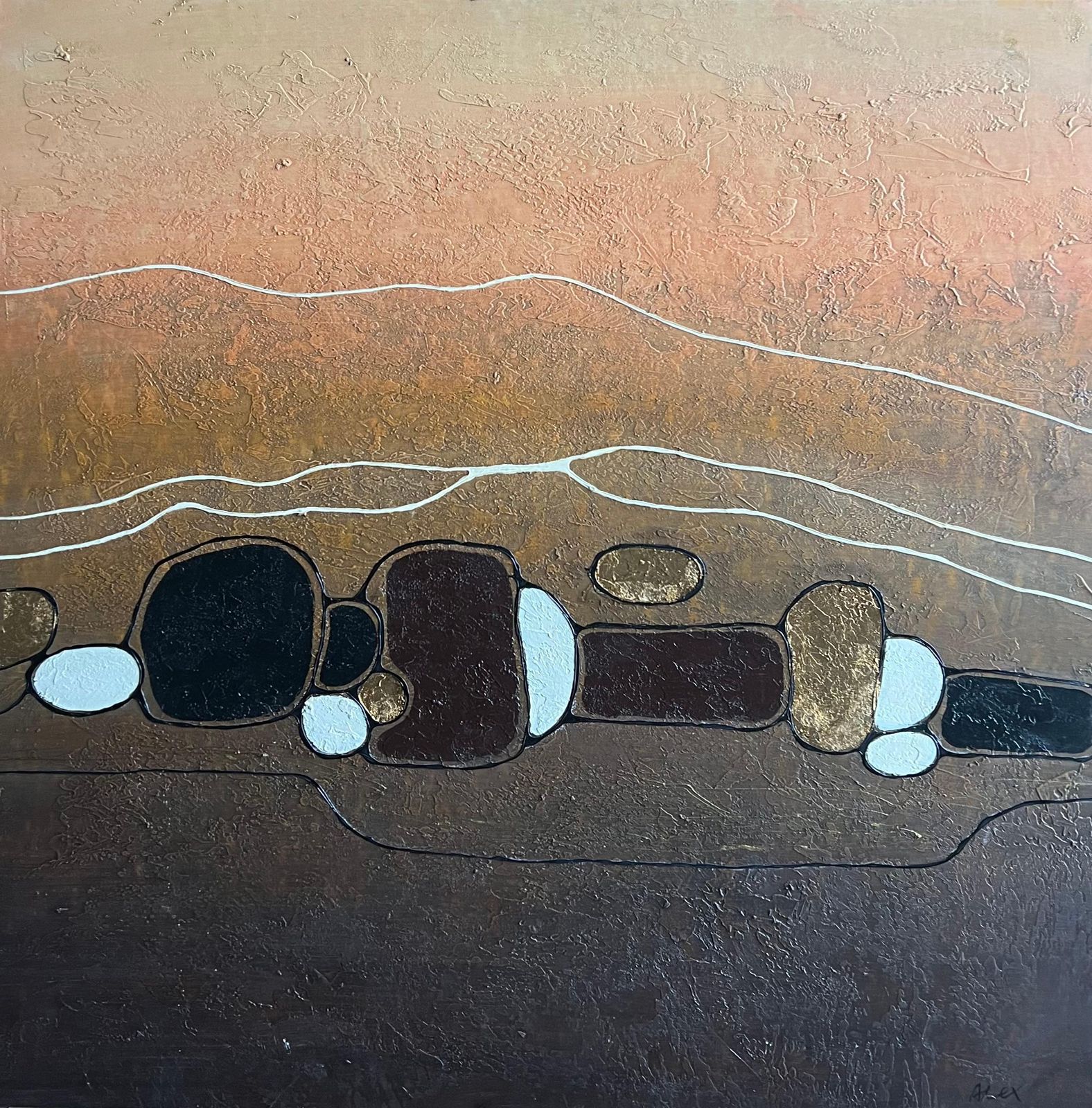 French Schoolhuge Contemporary Abstract Landscape With Gold Brown Earth Tones Oil Painting