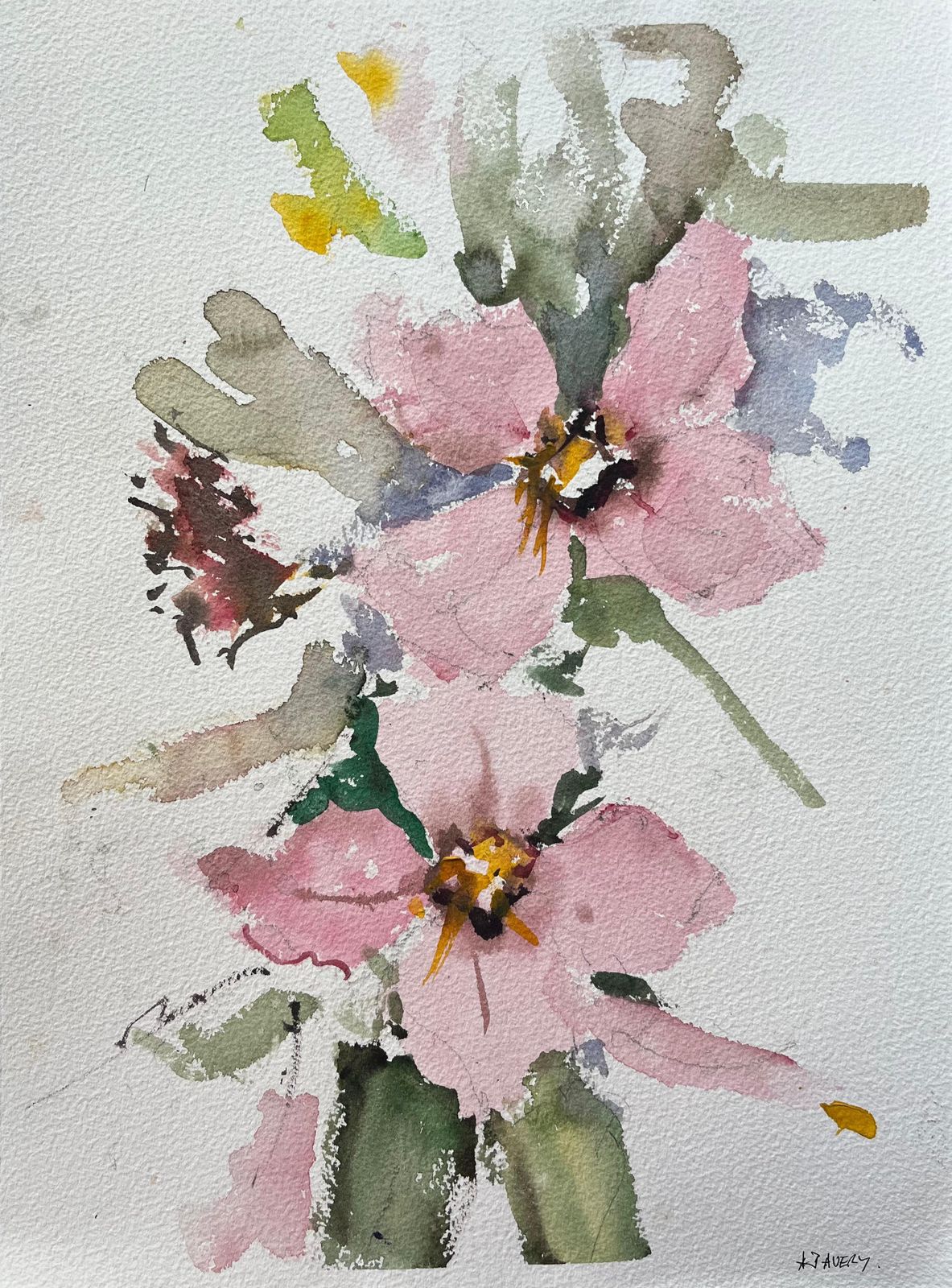 Anthony Averybritish Impressionist Watercolor Of A Loose Floral Arrangement Of Pink Blooms
