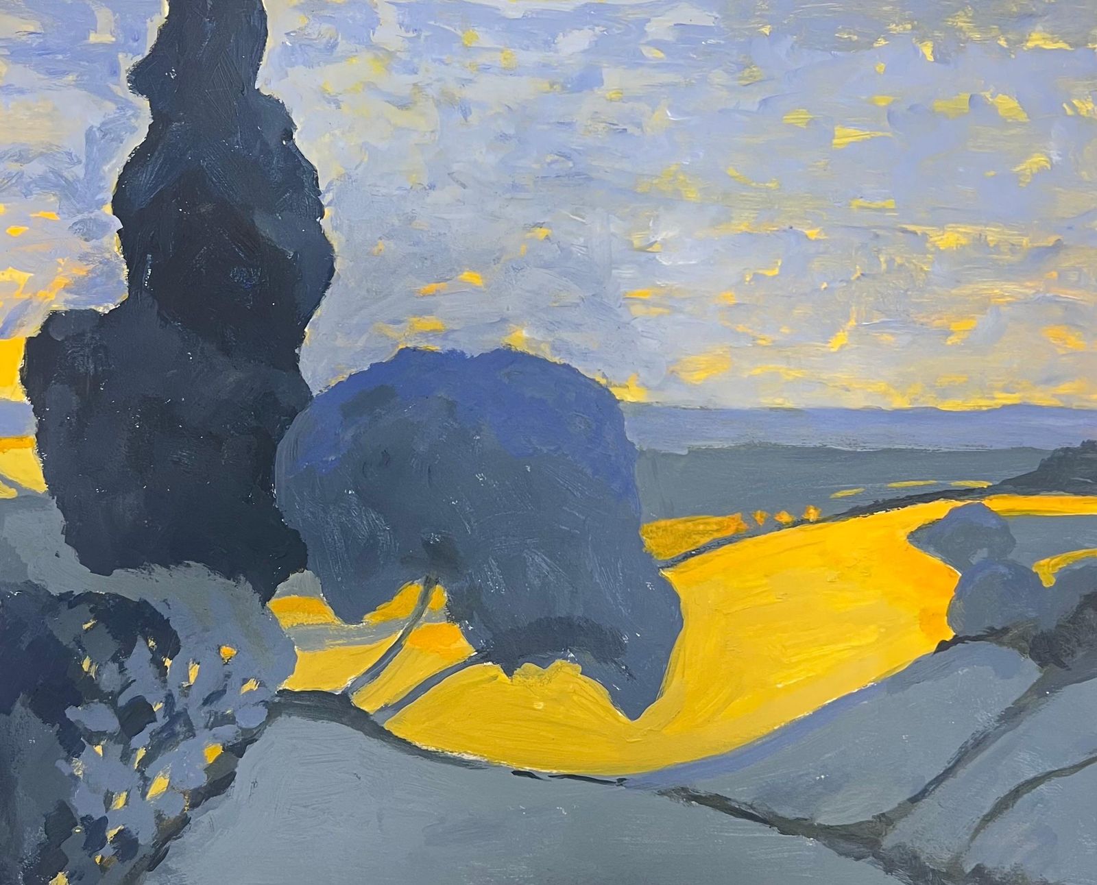 Jill Jacksonbritish Modernist Oil Painting Golden Fields Beneath A Starry Blue Sky