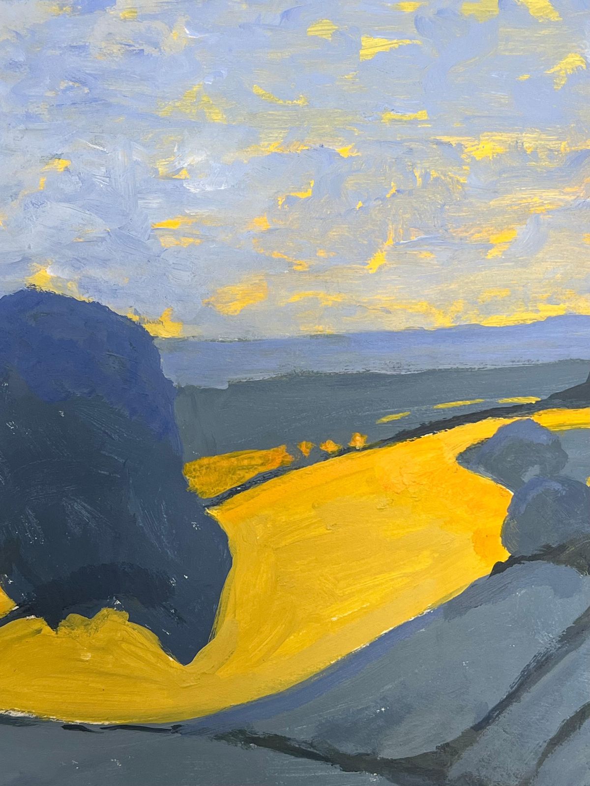 Jill Jacksonbritish Modernist Oil Painting Golden Fields Beneath A Starry Blue Sky photo for sale