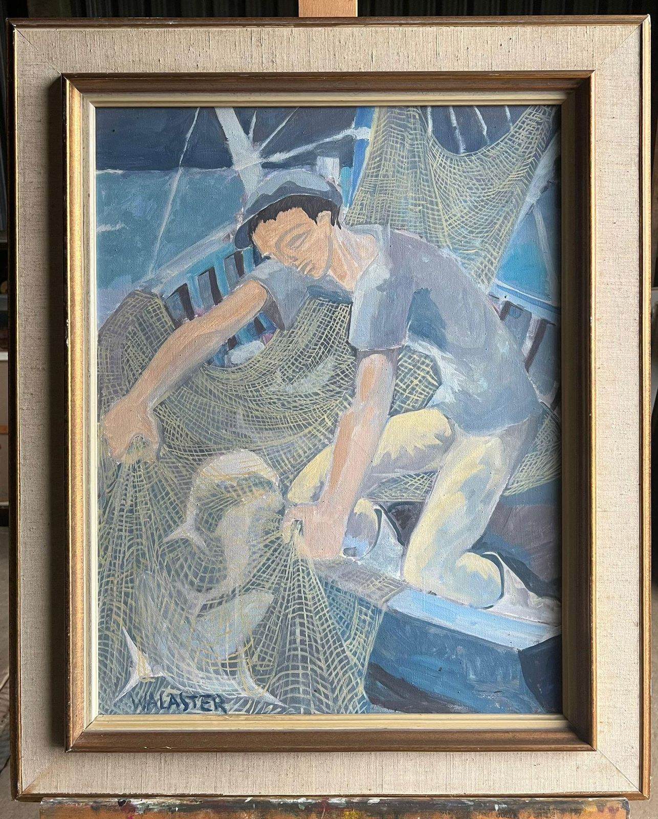 French School1950's French Modernist Blue Figurative Oil Painting Of A Fisherman Mending Nets1950's