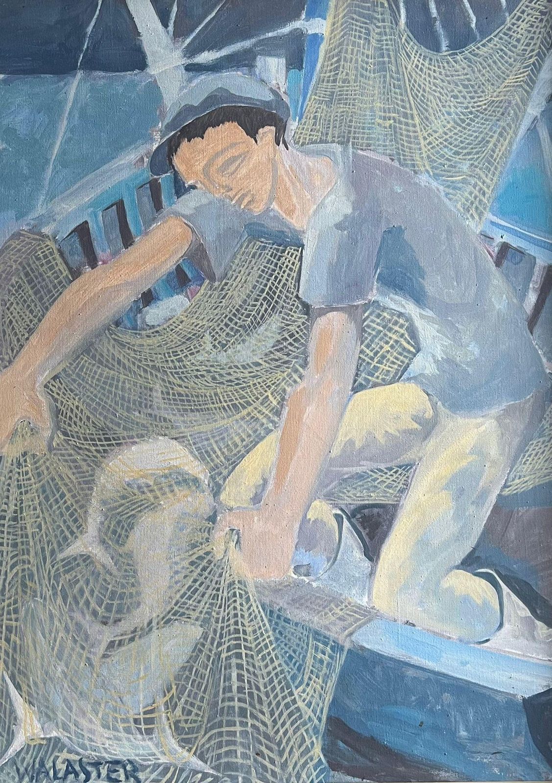 French School1950's French Modernist Blue Figurative Oil Painting Of A Fisherman Mending Nets1950's photo furniture