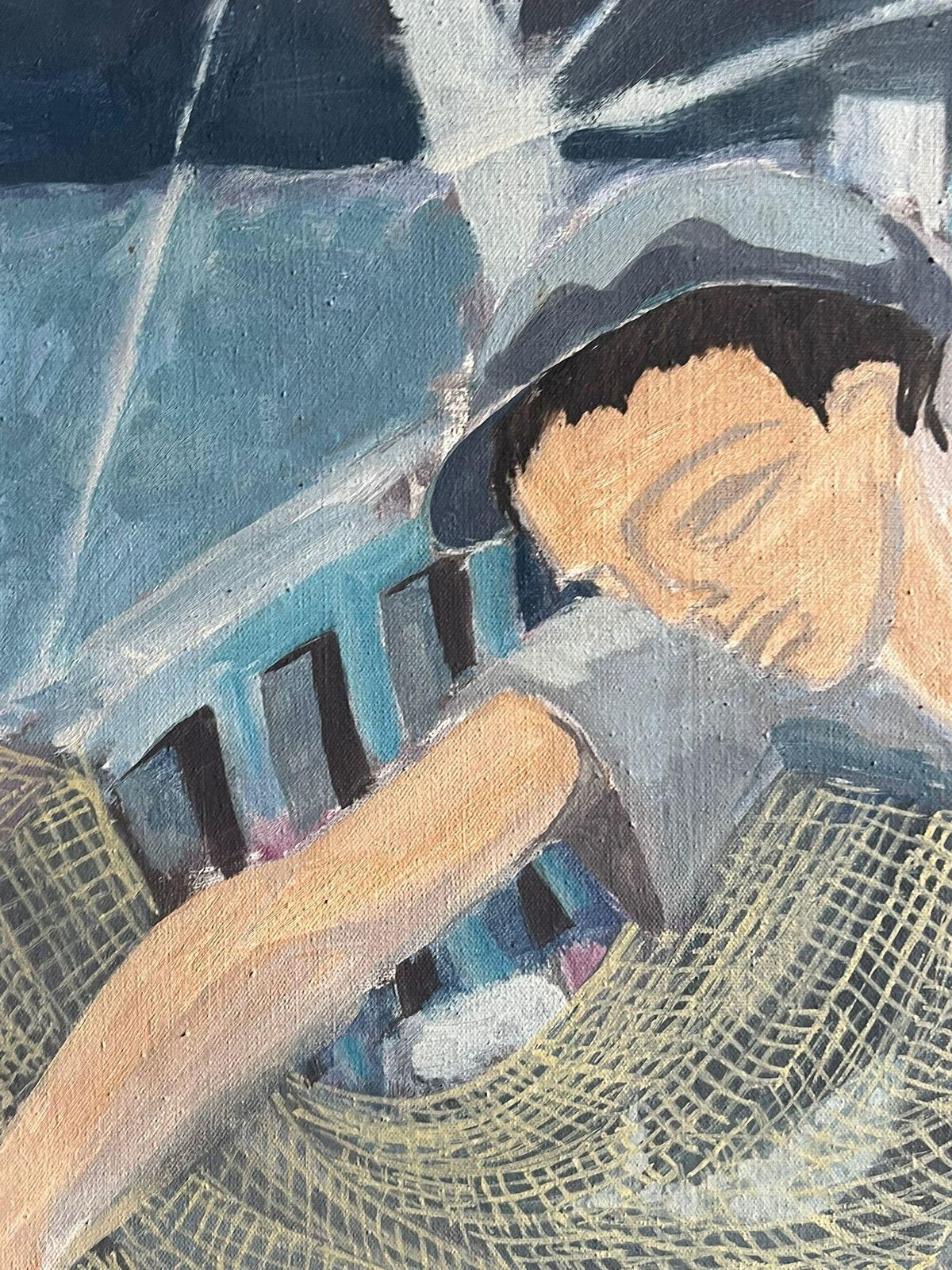 French School1950's French Modernist Blue Figurative Oil Painting Of A Fisherman Mending Nets1950's photo 1427.0