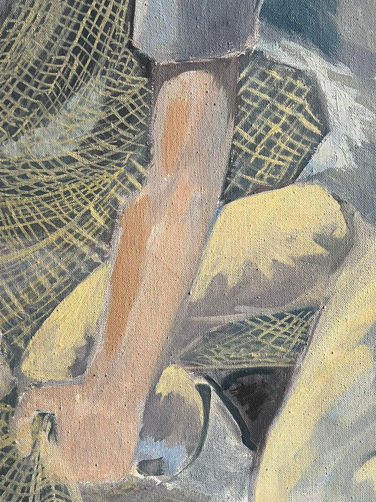 photo for sale French School1950's French Modernist Blue Figurative Oil Painting Of A Fisherman Mending Nets1950's