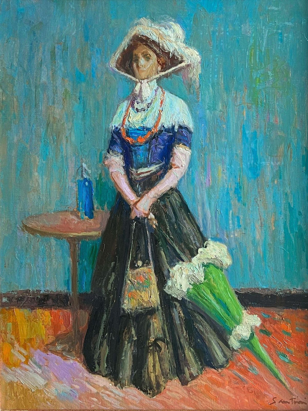 Pio Santinifine French Impressionist Oil Painting Portrait Elegant Lady With Parasol