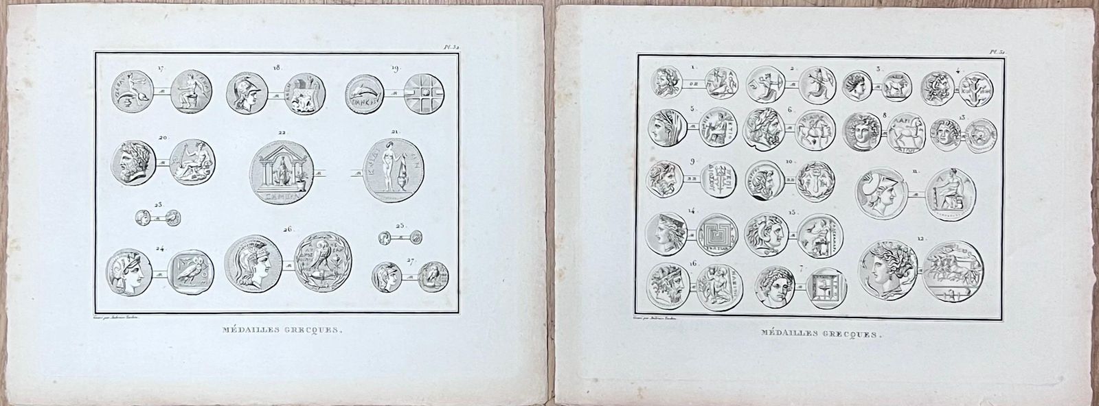 French Schoolpair Of Antique Engravings Depicting Ancient Greek Medallions And Coins19th Century
