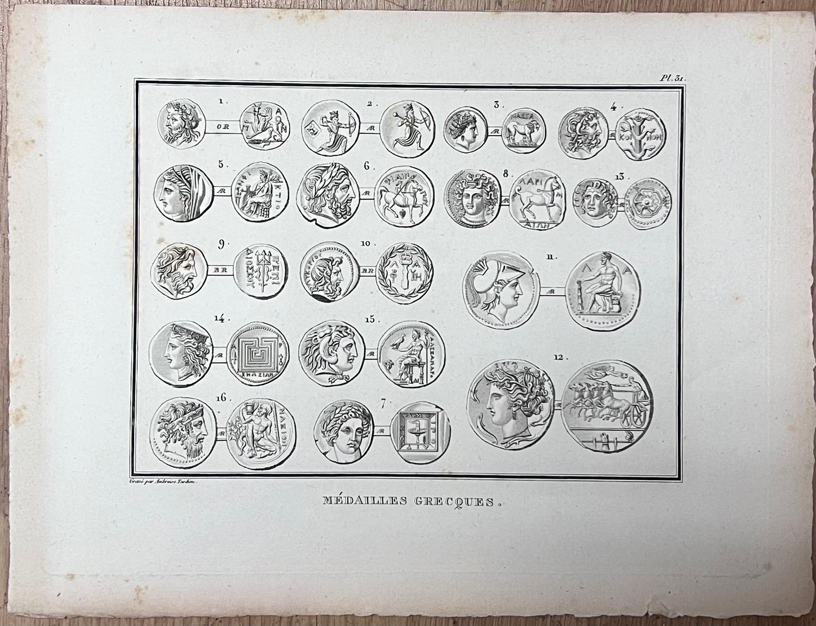 French Schoolpair Of Antique Engravings Depicting Ancient Greek Medallions And Coins19th Century photo for sale