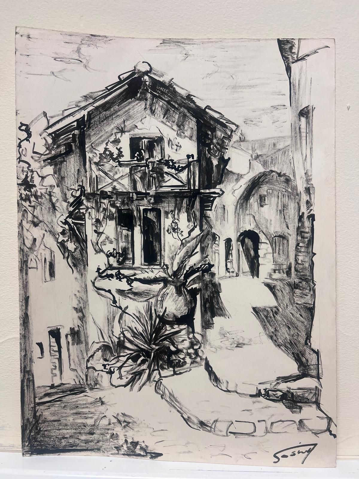 Josine Vignon1950s French Charming Charcoal Sketch Of A Rustic European Courtyard1950s photo furniture