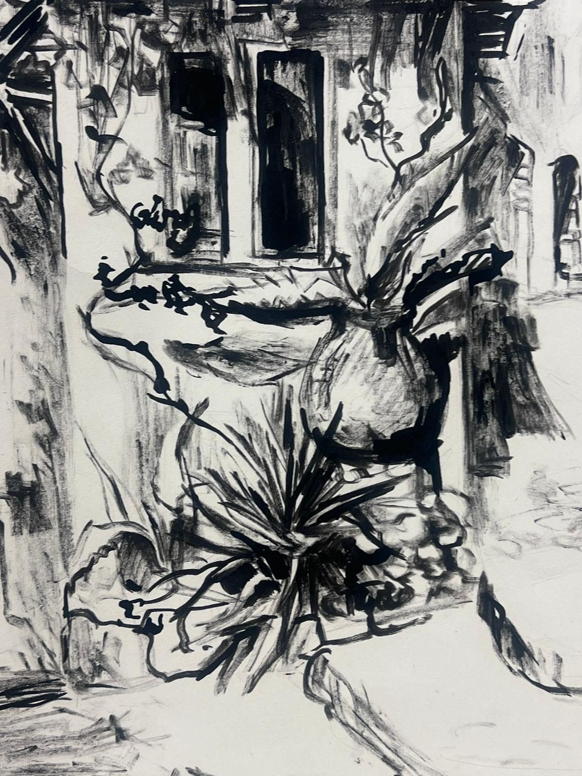 Josine Vignon1950s French Charming Charcoal Sketch Of A Rustic European Courtyard1950s photo 152.0