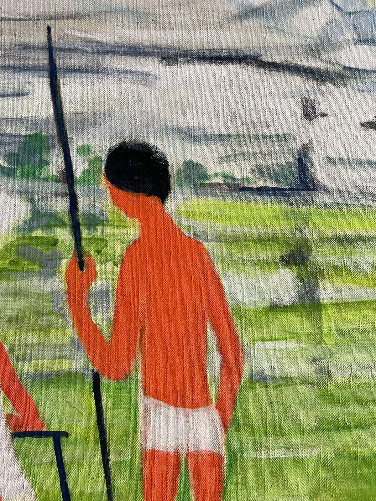 Huguette Ginet Lasnier Large Modernist French Landscape With Figures Sunbathing By The River Signed Oilc. 2000's photo for sale