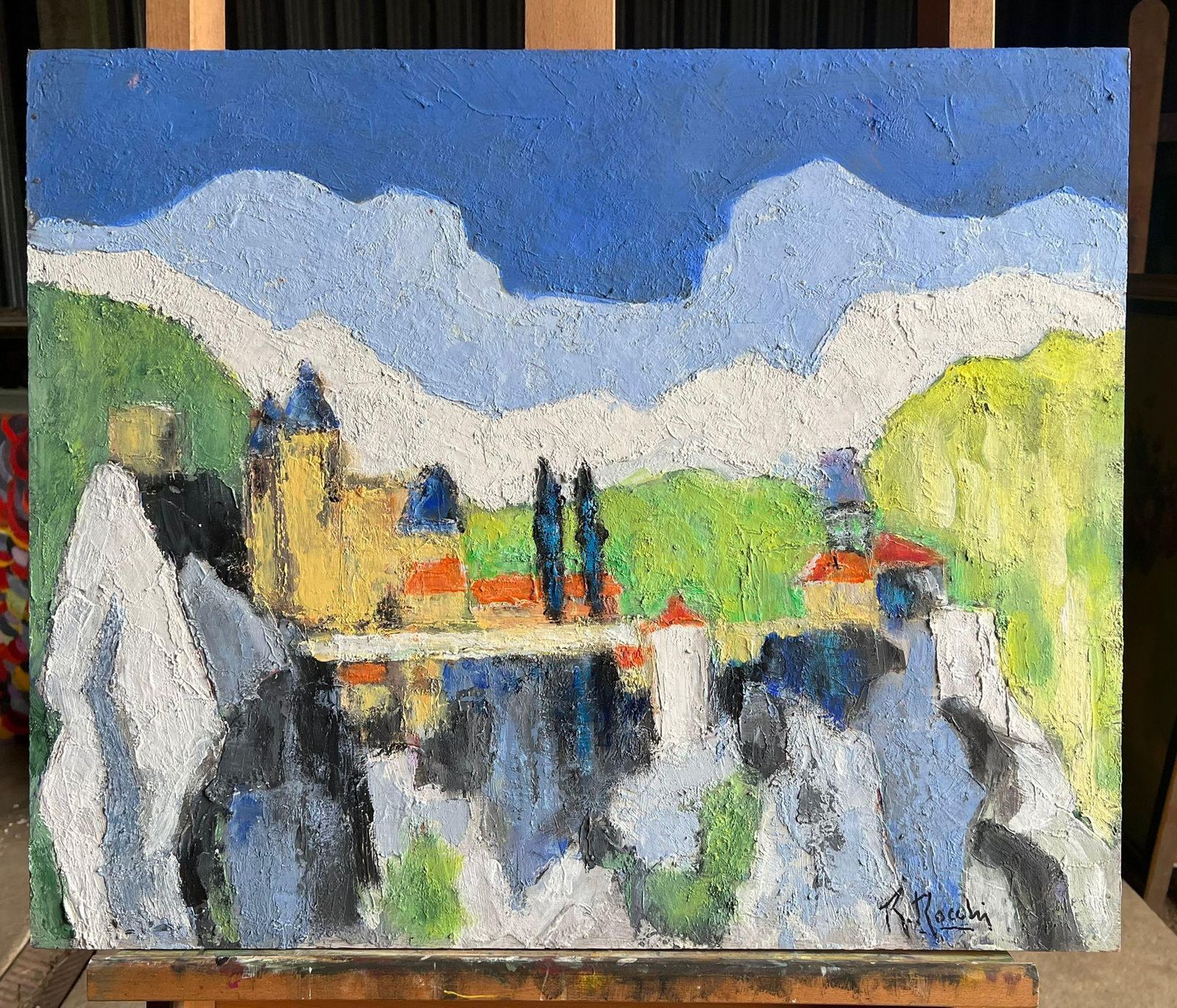 French Schoolmodern Abstract Landscape Painting A Vibrant Lakeside Village With Mountains2005 photo furniture