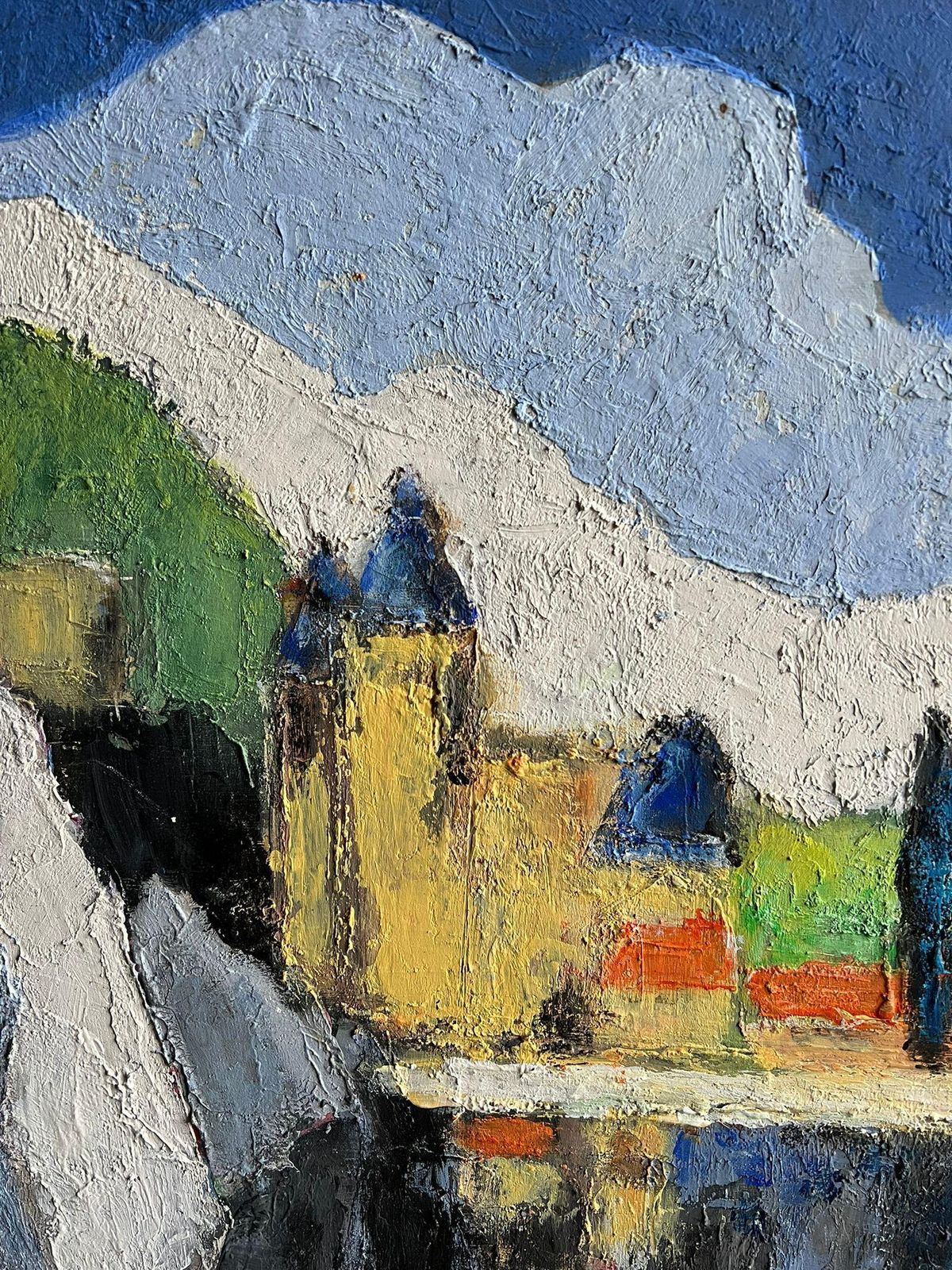 French Schoolmodern Abstract Landscape Painting A Vibrant Lakeside Village With Mountains2005 photo for sale
