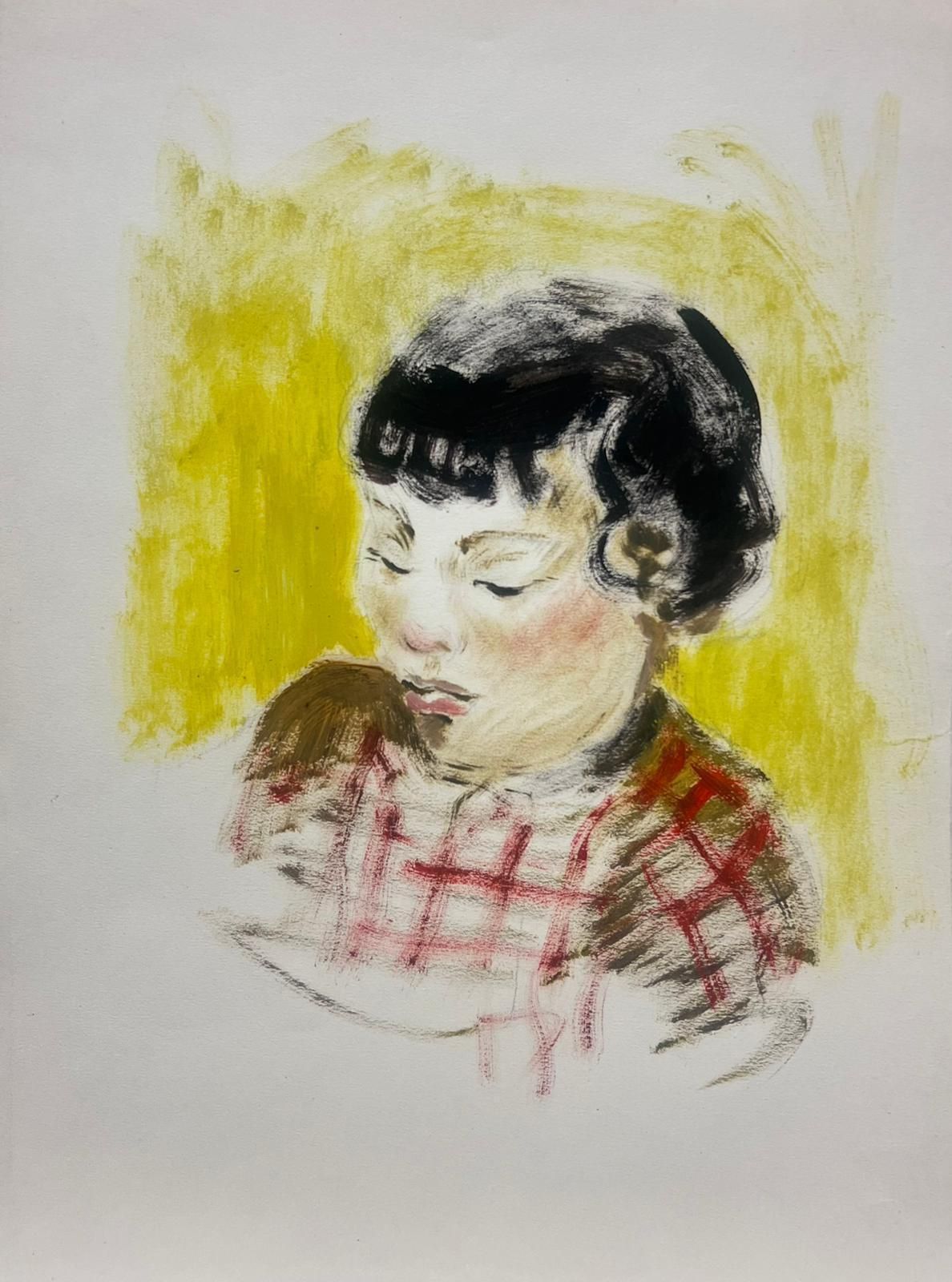 Josine Vignon1950s French Portrait Of A Child In Thought Against A Yellow Background1950s photo furniture