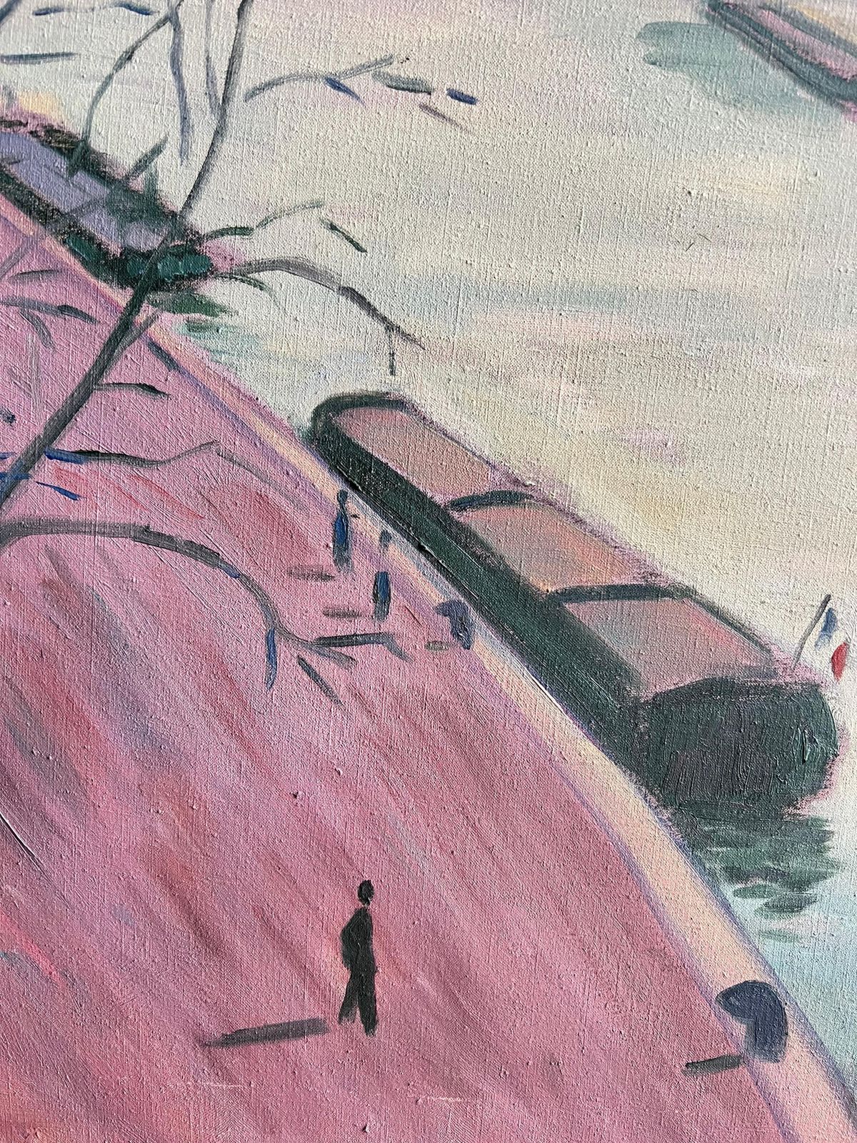Guy Pichonfrench River Scene With Barges And Bridge At Dusk Landscape Modern Oil Painting1999 photo for sale