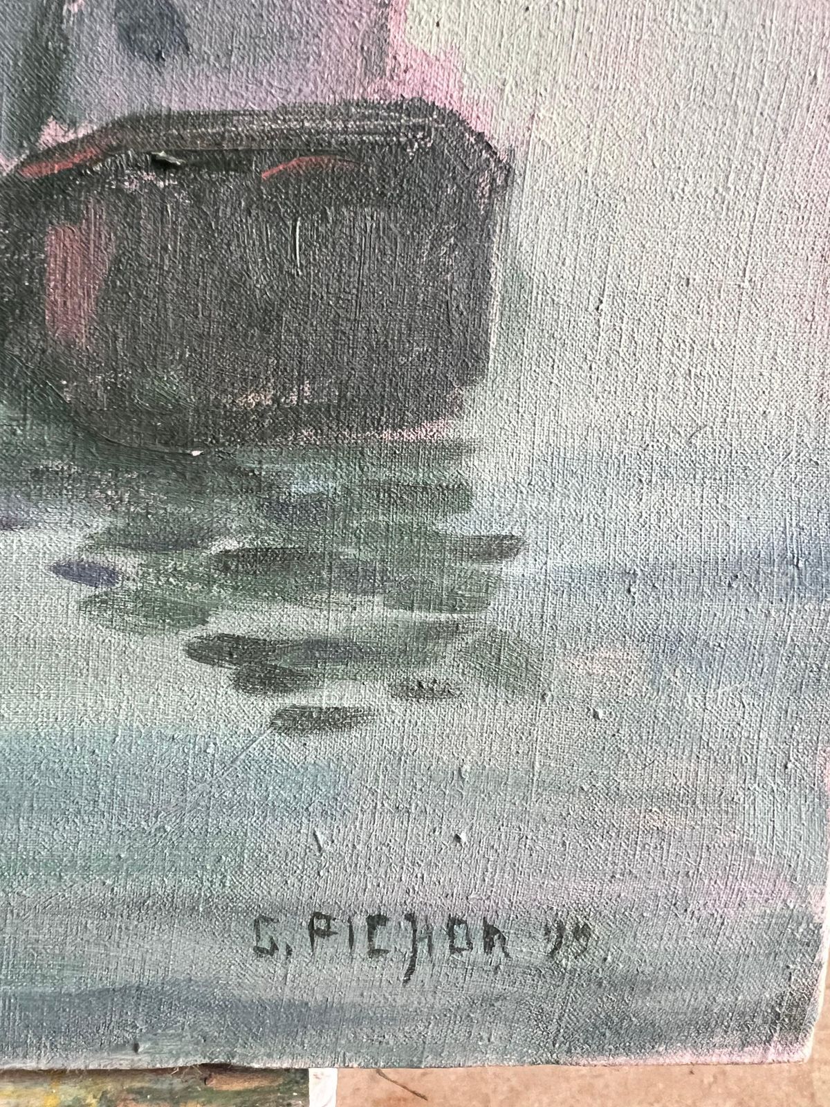 Guy Pichonfrench River Scene With Barges And Bridge At Dusk Landscape Modern Oil Painting1999 photo Art