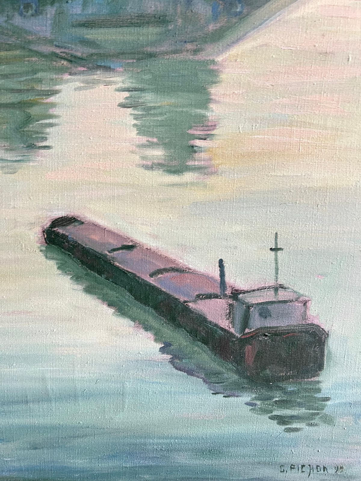 Guy Pichonfrench River Scene With Barges And Bridge At Dusk Landscape Modern Oil Painting1999 photo vinterior