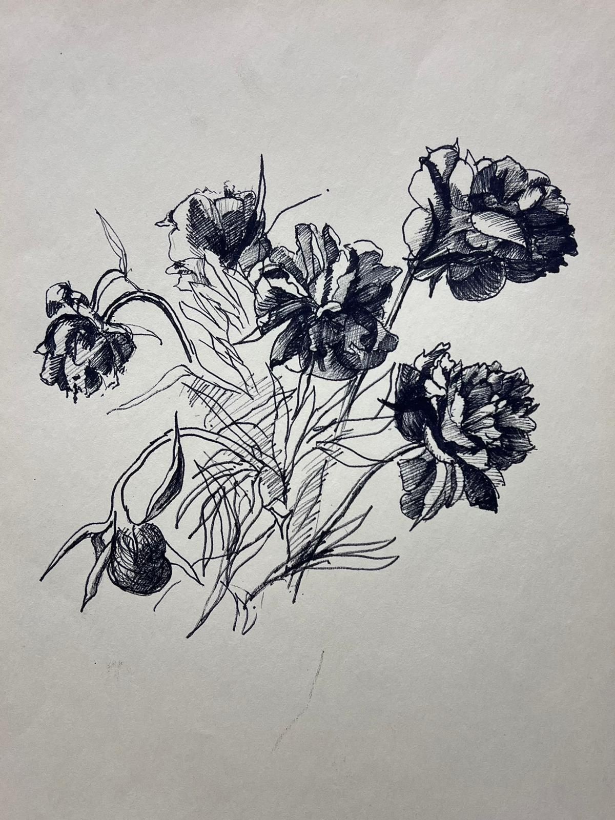 French Schooldelicate Ink Sketch Of Peonies Minimalist Floral Study