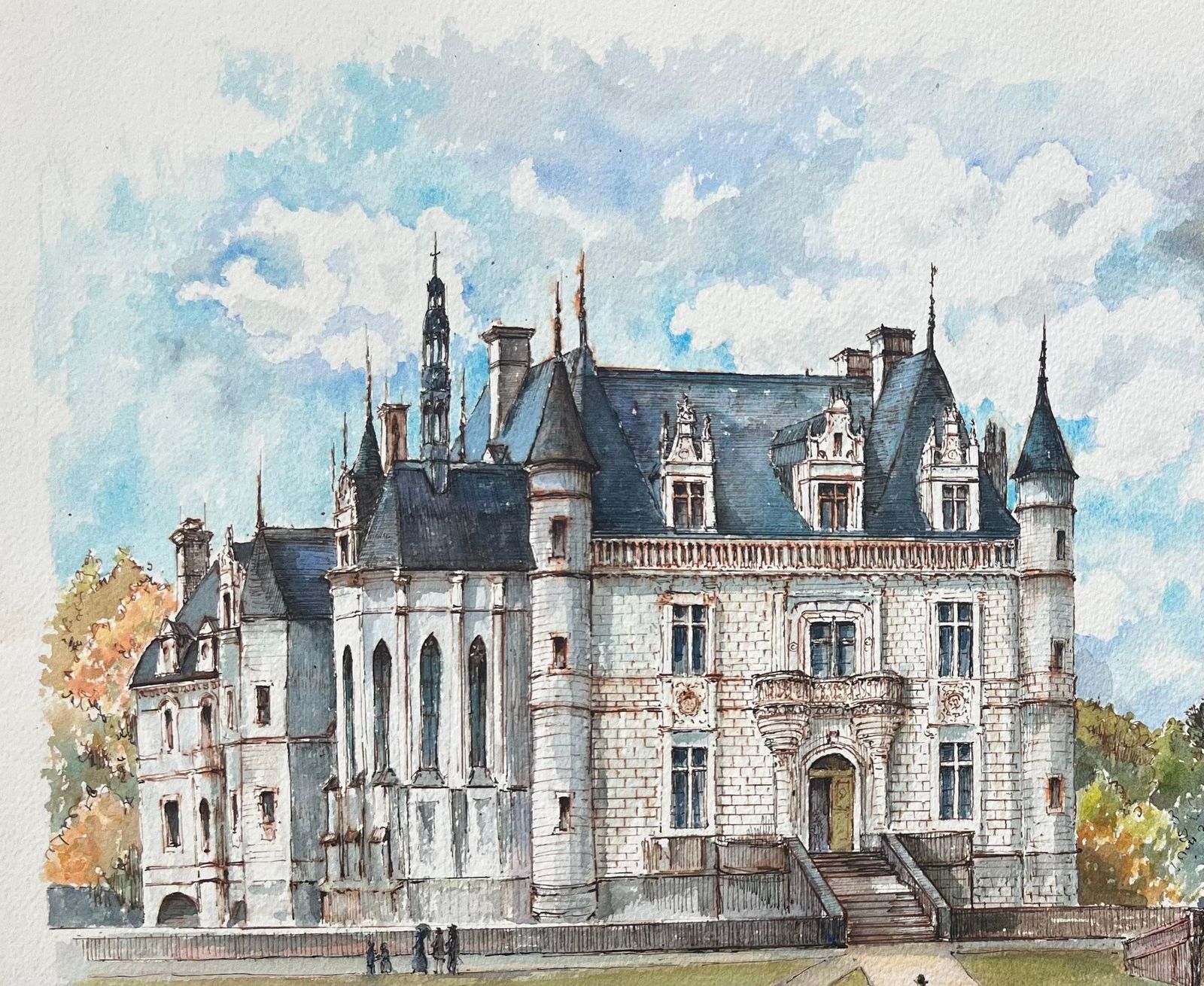 Robert Lepine (1929   2017)french Watercolor Of Château De Chenonceau With Figures And Garden Well20th Century photo 829.0