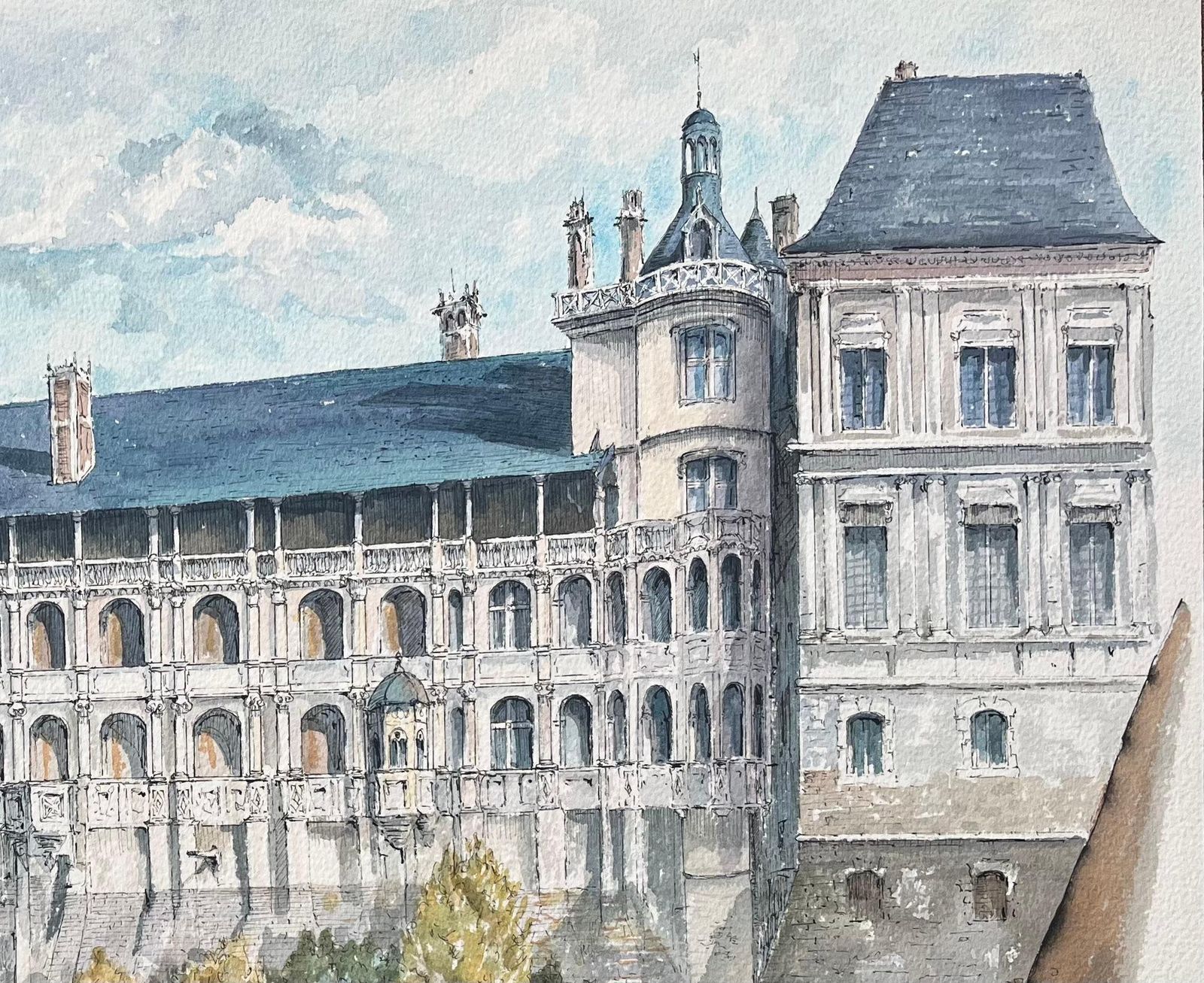 Robert Lepine (1929   2017)french Watercolor Of "Château De Blois" With Architectural And Garden Details20th Century photo Art