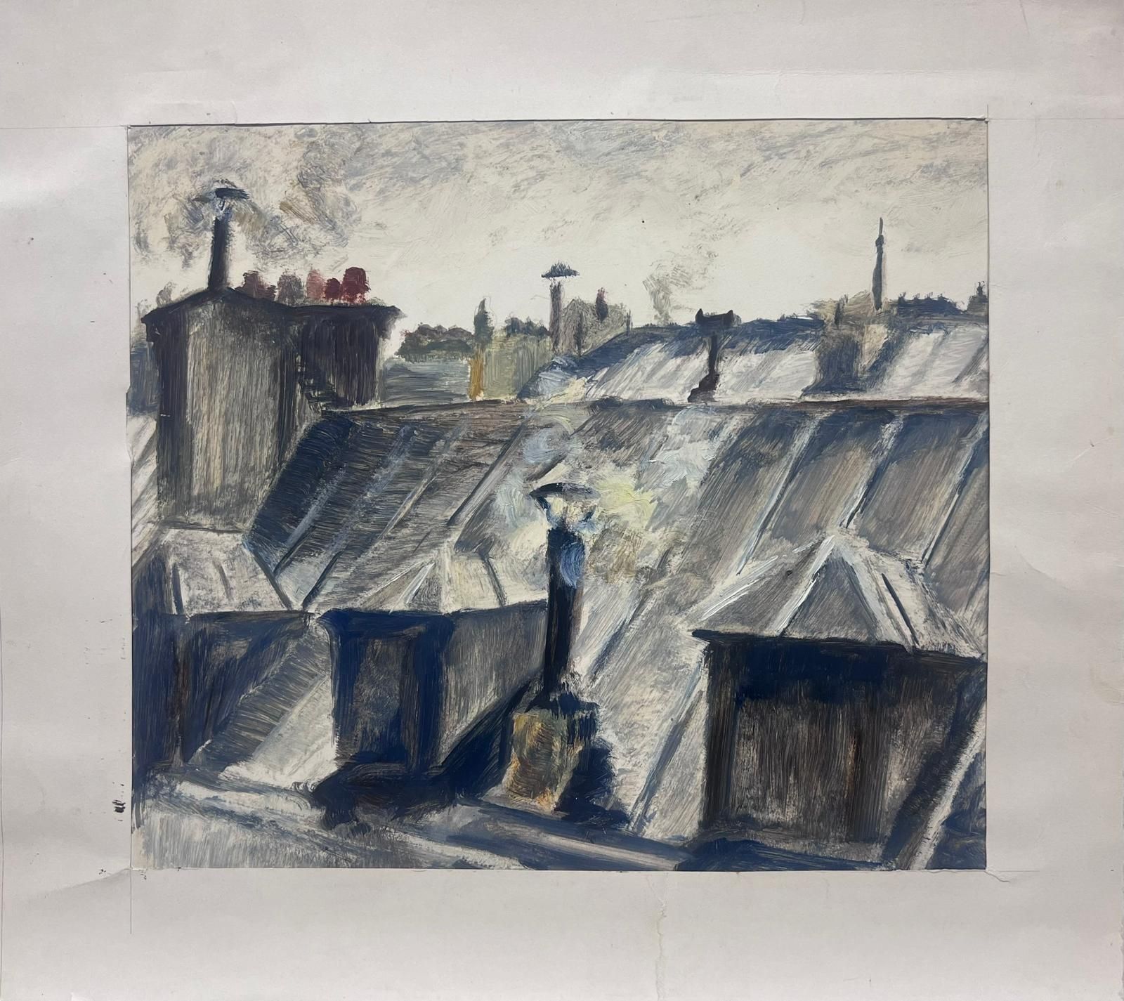 Josine Vignon1950s French Atmospheric Rooftop Scene With Smokestacks Impressionistic Painting1950s photo furniture