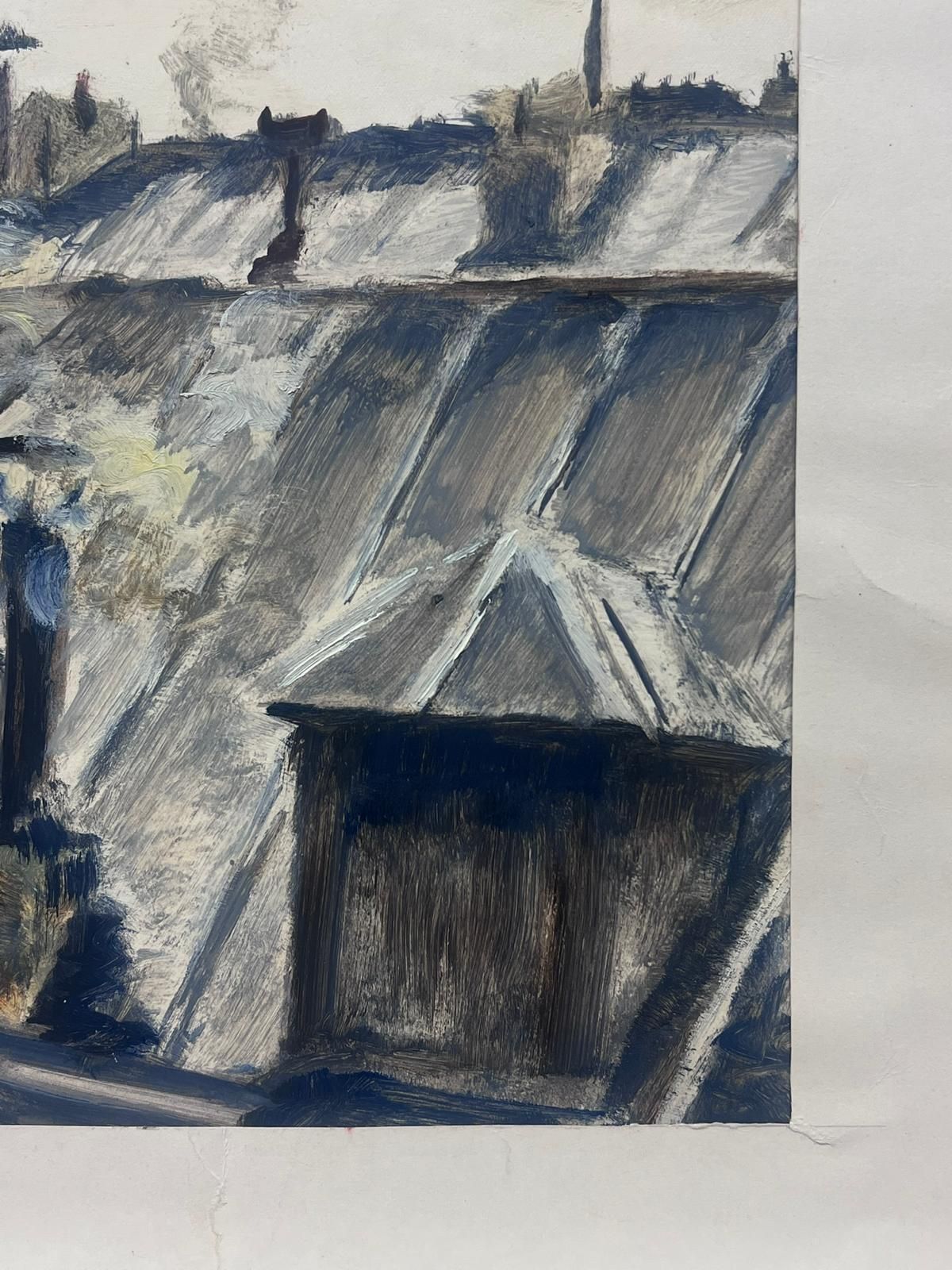 Josine Vignon1950s French Atmospheric Rooftop Scene With Smokestacks Impressionistic Painting1950s photo for sale