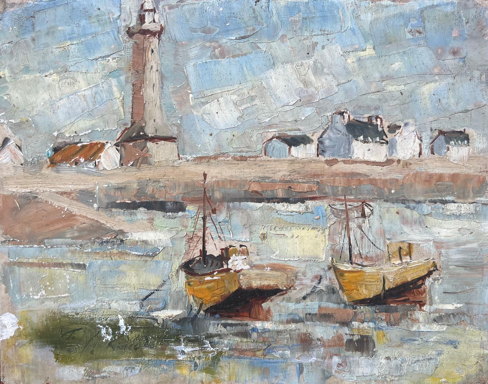 F.T Rousselfrench Mid Century Oil Painting Of Fishing Boats And Lighthouse