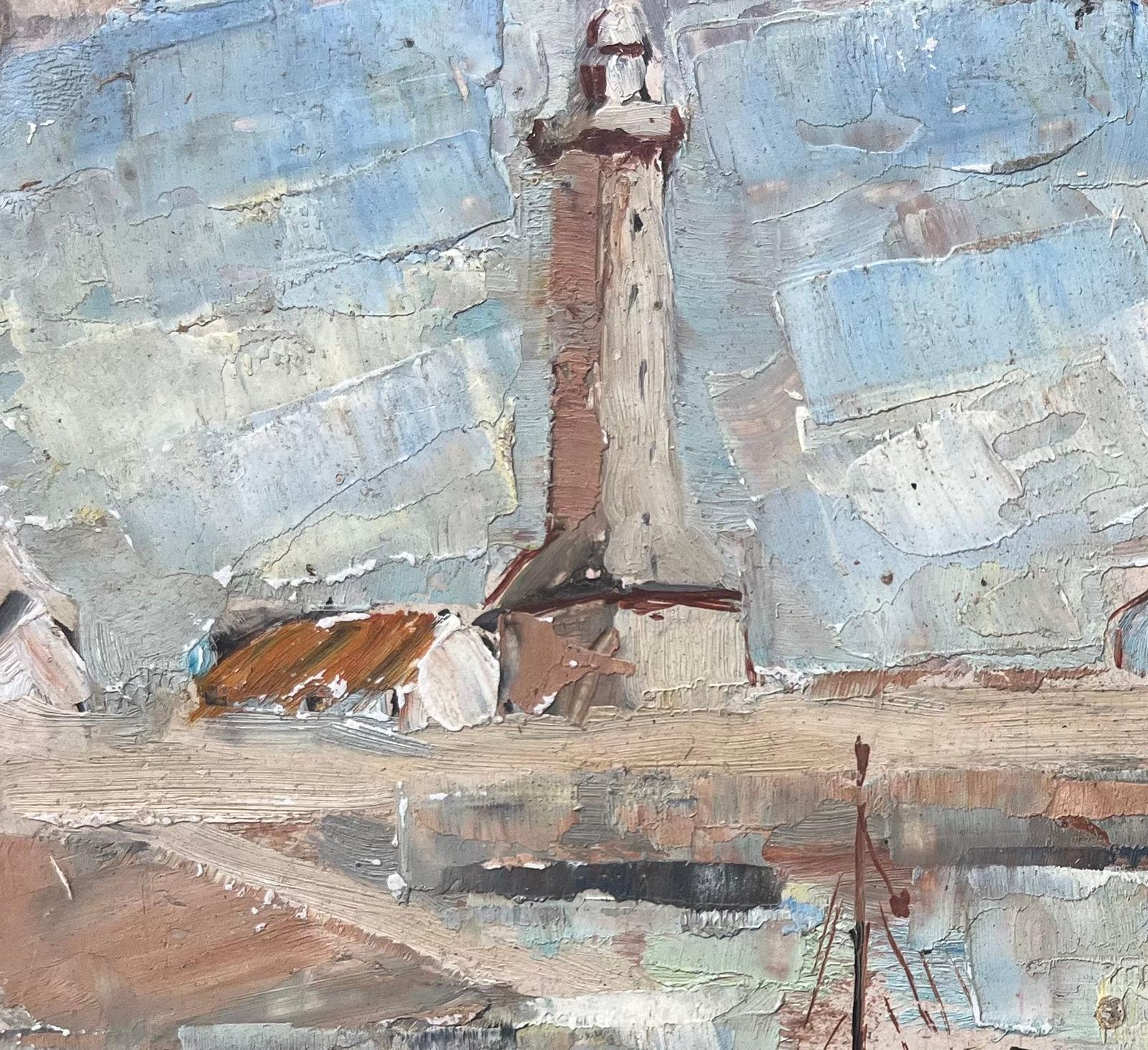 F.T Rousselfrench Mid Century Oil Painting Of Fishing Boats And Lighthouse photo for sale
