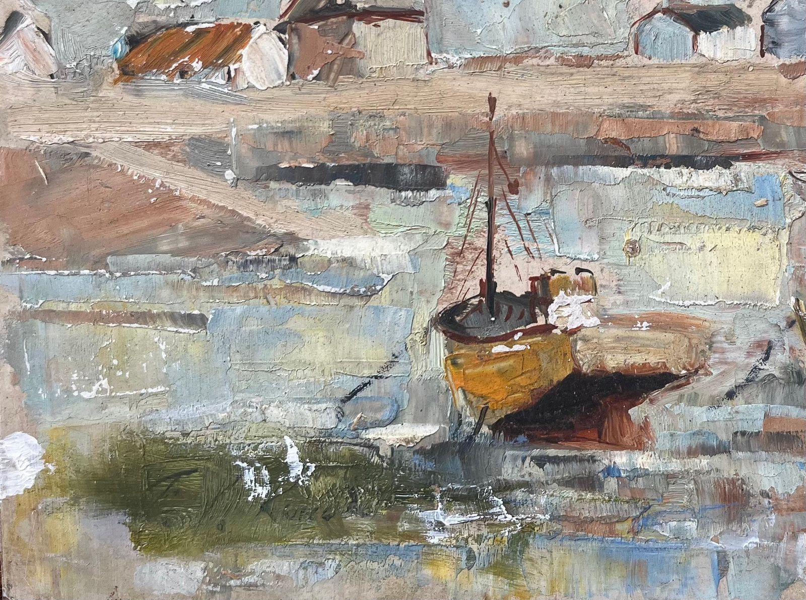 F.T Rousselfrench Mid Century Oil Painting Of Fishing Boats And Lighthouse photo Art