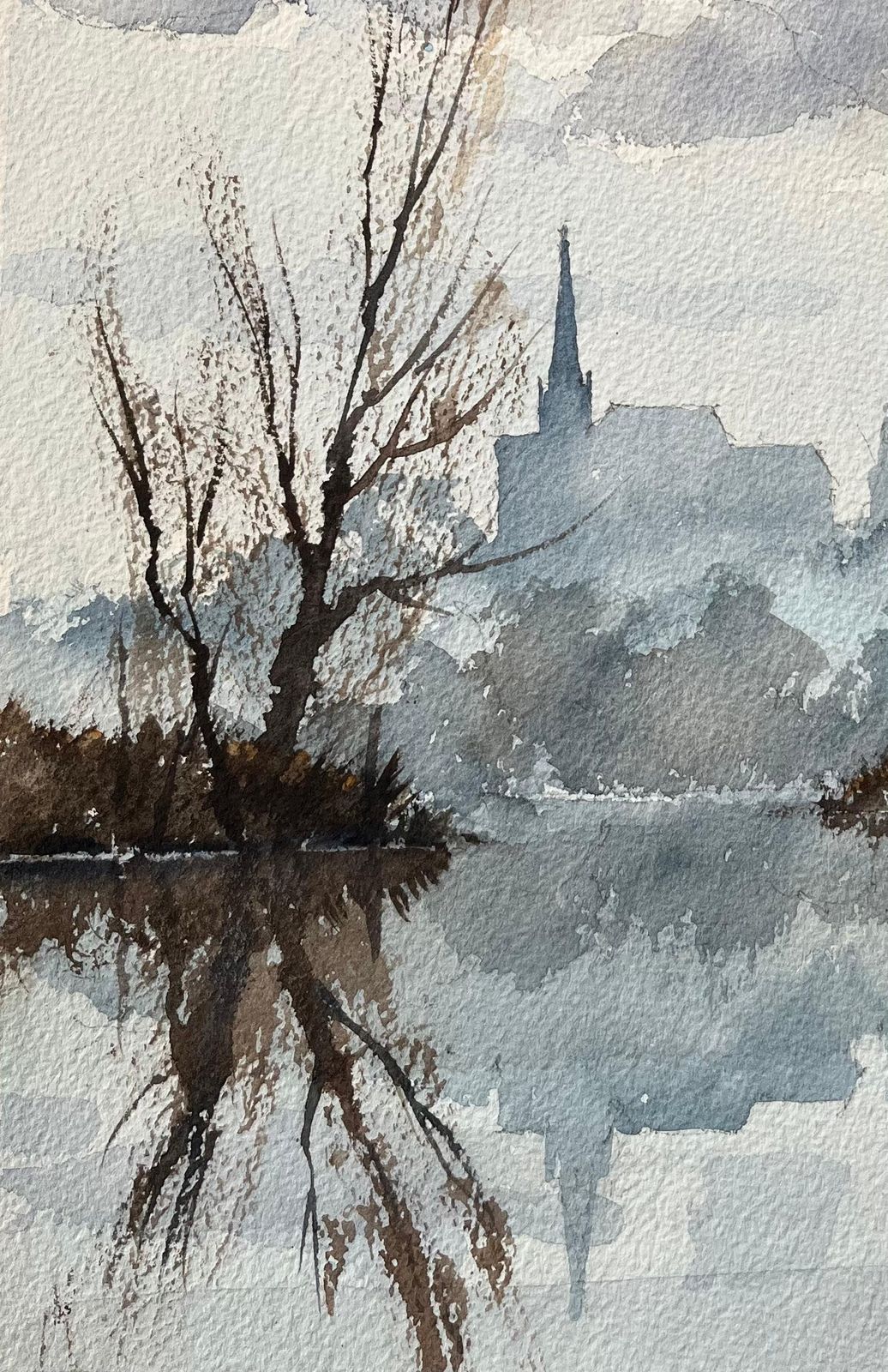 Anthony Averybritish Impressionist Watercolor Of Misty Riverside With Church Reflection photo 519.0