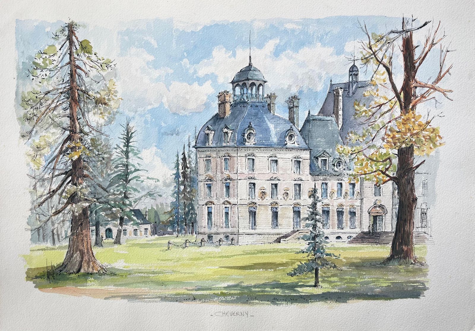 Robert Lepine (1929   2017)french Watercolor Of "Château De Cheverny" With Lush Grounds And Towering Trees20th Century
