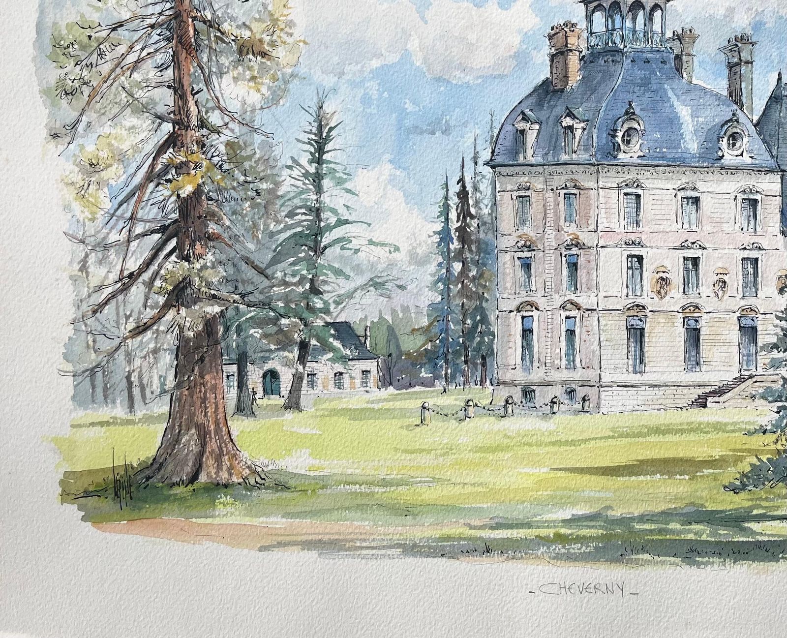 Robert Lepine (1929   2017)french Watercolor Of "Château De Cheverny" With Lush Grounds And Towering Trees20th Century photo Art