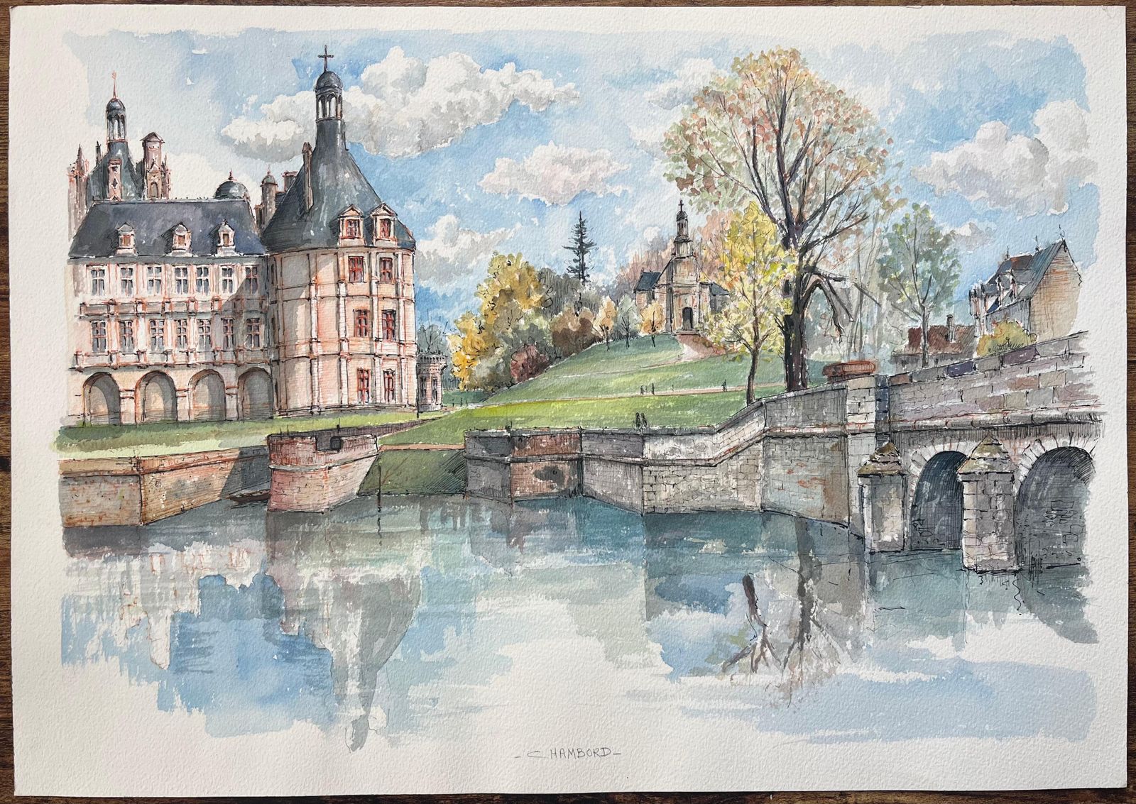 Robert Lepine (1929   2017)french Watercolor Of Château De Chambord With Reflective Canal Scene20th Century photo furniture