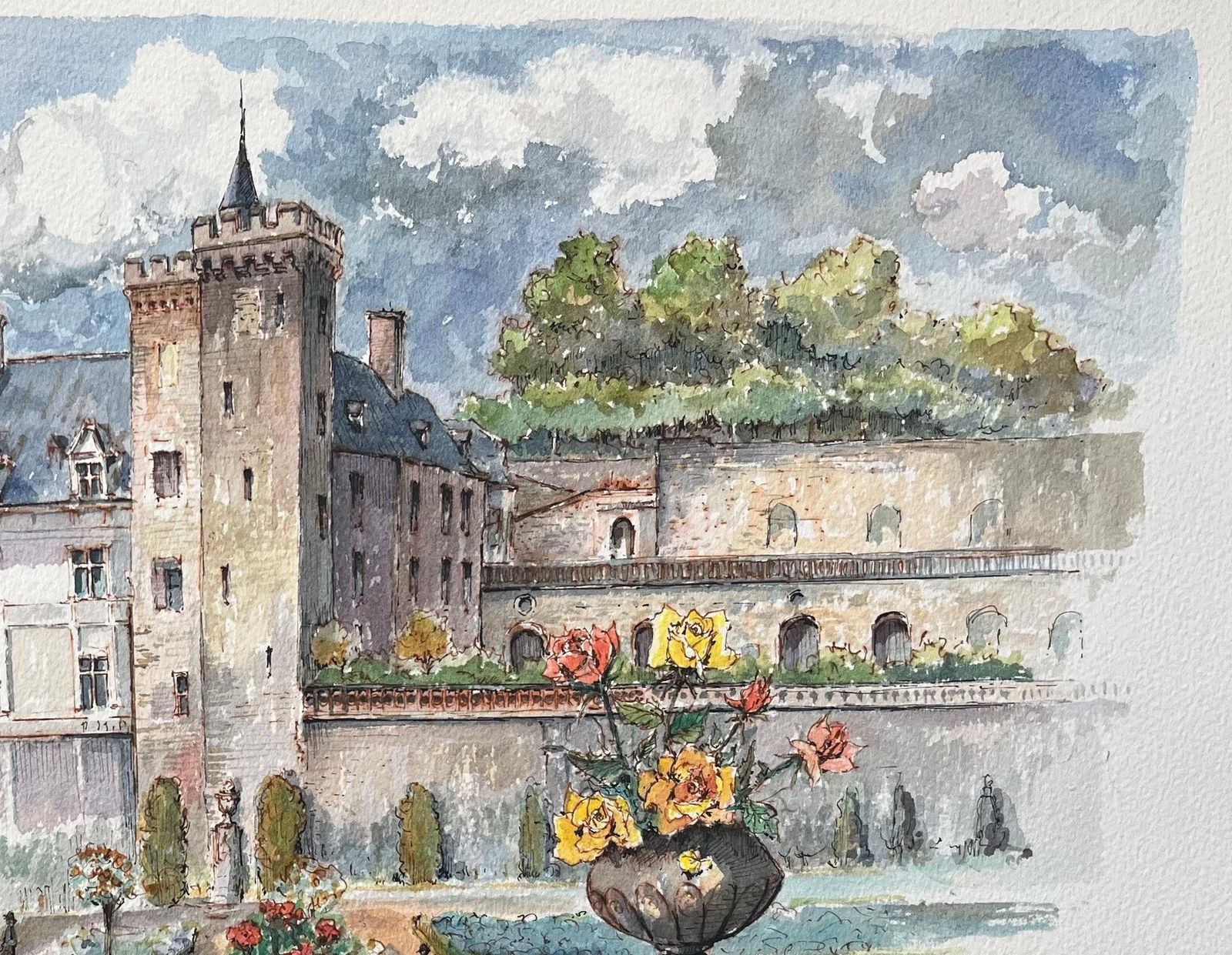 Robert Lepine (1929   2017)french Watercolor Of "Château De Villandry With Formal Gardens"20th Century photo Art