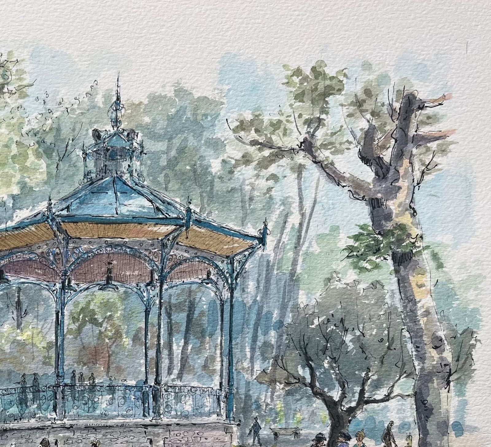 Robert Lepine (1929   2017)french Watercolor Painting Of “Le Kiosque à Musique” In Dax20th Century photo Art