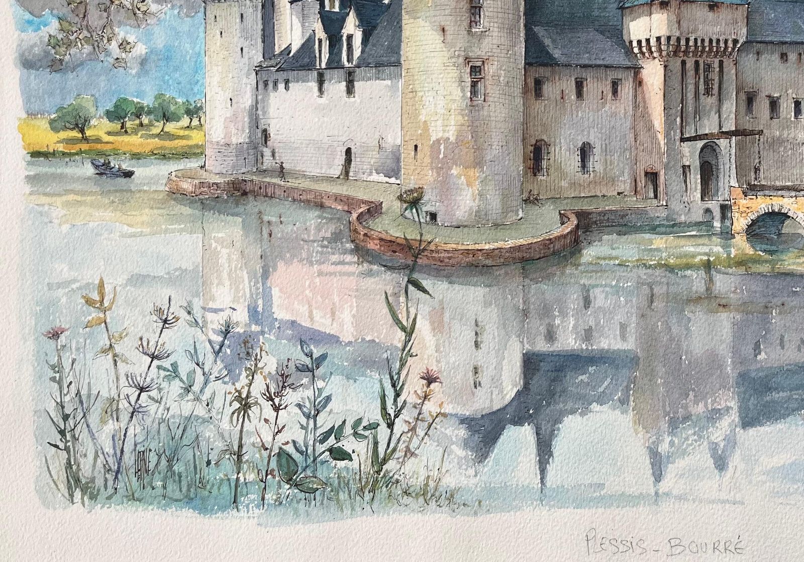 Robert Lepine (1929   2017)french Watercolor Of "Château De Plessis Bourré" Reflected On Tranquil Waters20th Century photo 738.0