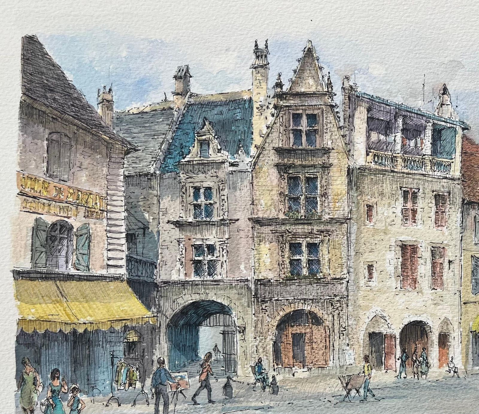 Robert Lepine (1929   2017)french Watercolor Painting Of Sarlat La Canéda, Place Peyrou20th Century photo vinterior