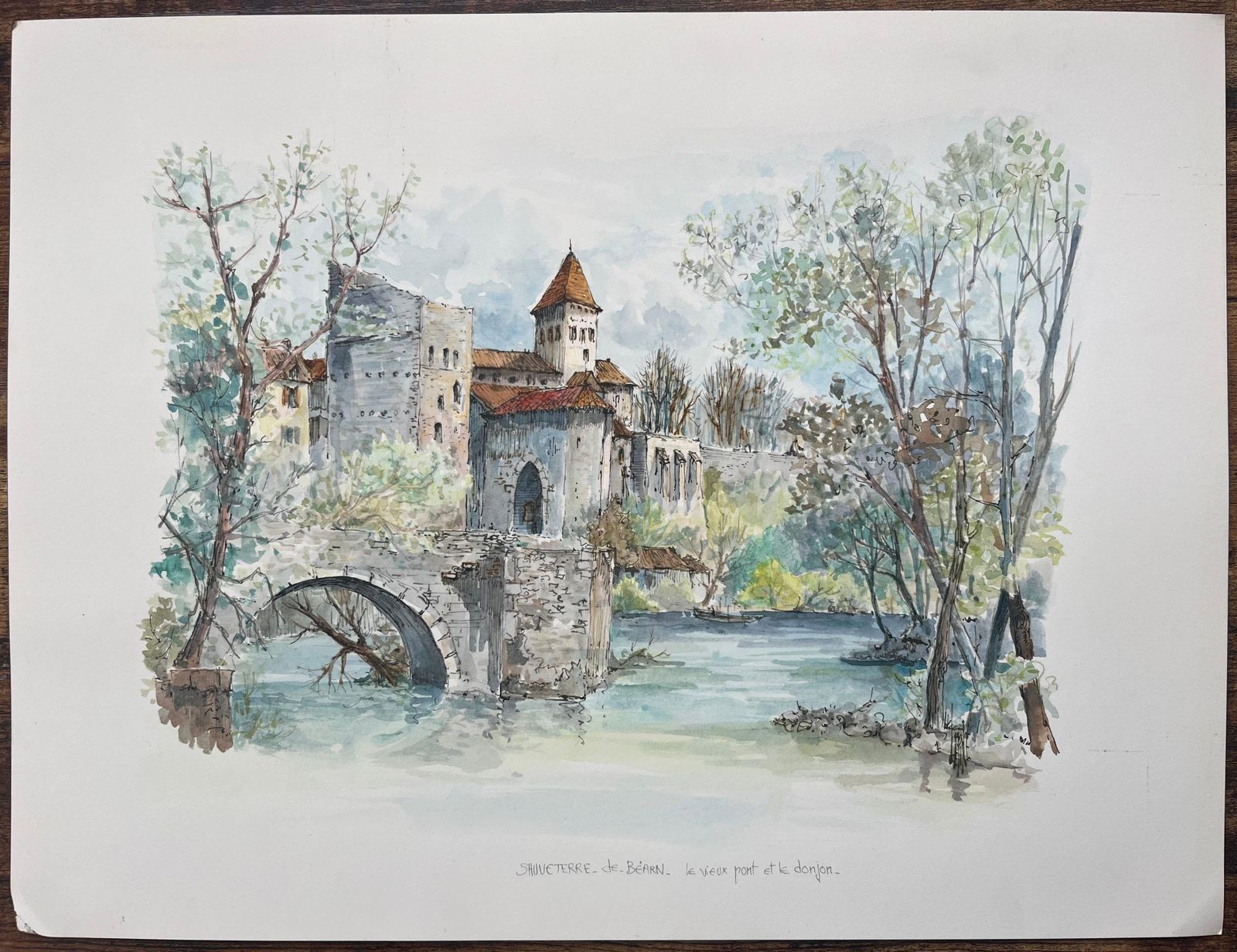 Robert Lepine (1929   2017)french Watercolor Painting Of Sauveterre De Béarn’s Old Bridge And Donjon20th Century photo furniture