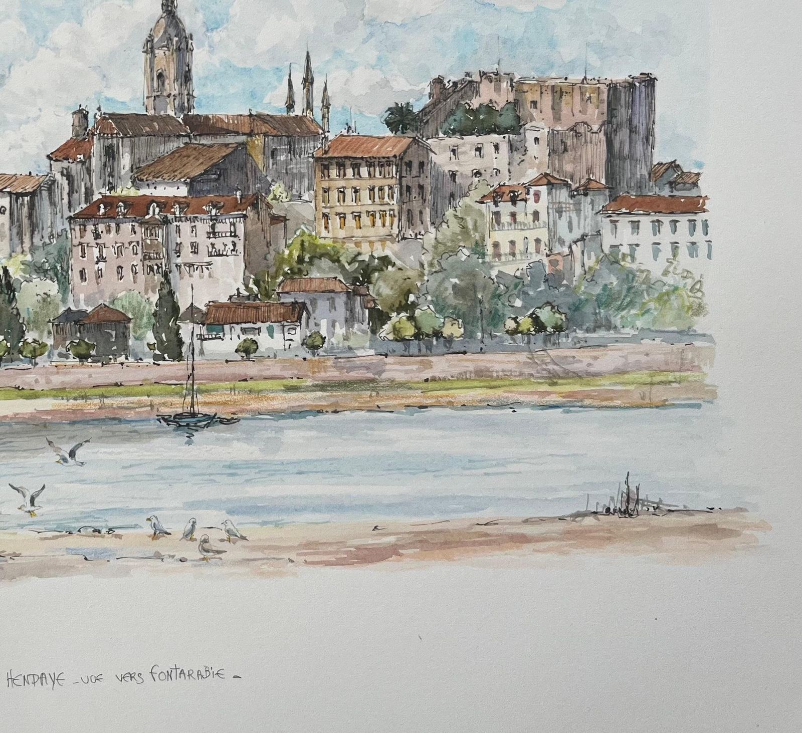 Robert Lepine (1929   2017)french Watercolor Painting Of “Vue Vers Fontarrabie” With Riverside Townscape20th Century photo Art